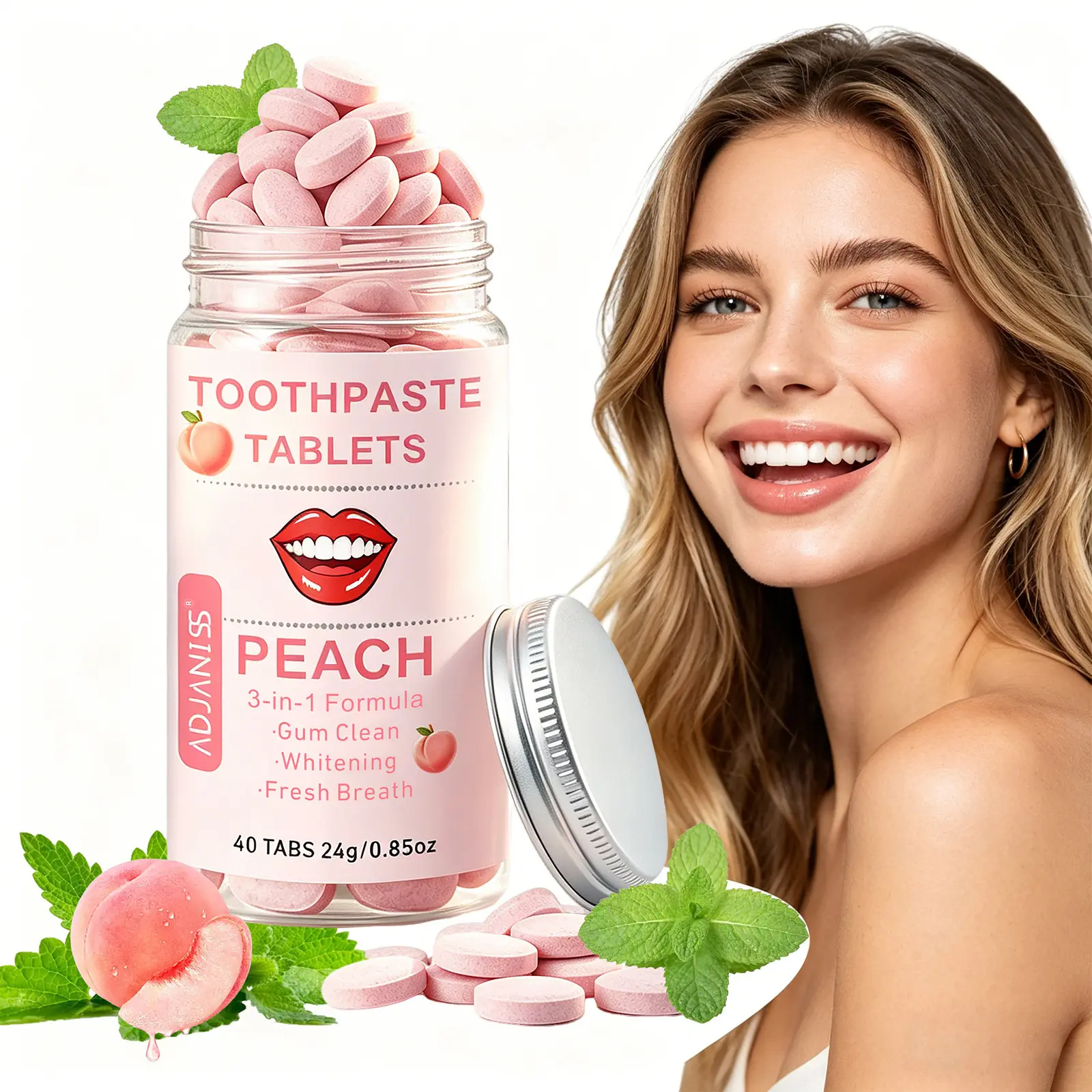 Peach-Flavored Chewable Oral Care Toothpaste Tablets | Travel-Friendly Solid Tooth Tablets for Teeth Whitening, Gum Care, and Fresh Breath, 40-Count Pack