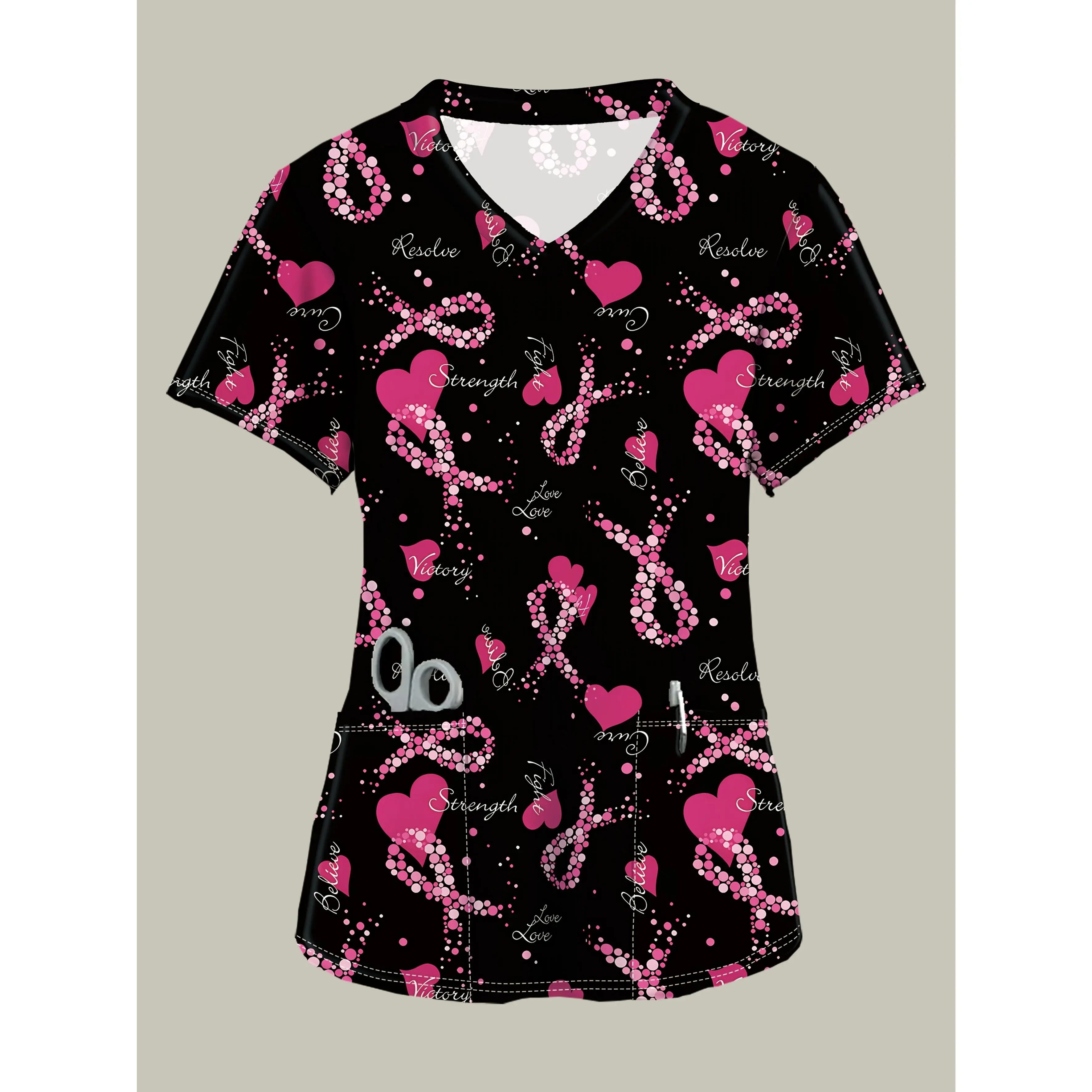 Beautiful Heart-Pattern Women'S Scrub Top, V-Neck, with Pockets, Casual Style Comfortable Fabric, Suitable for Nurses And Doctors' Uniforms, All Seasons