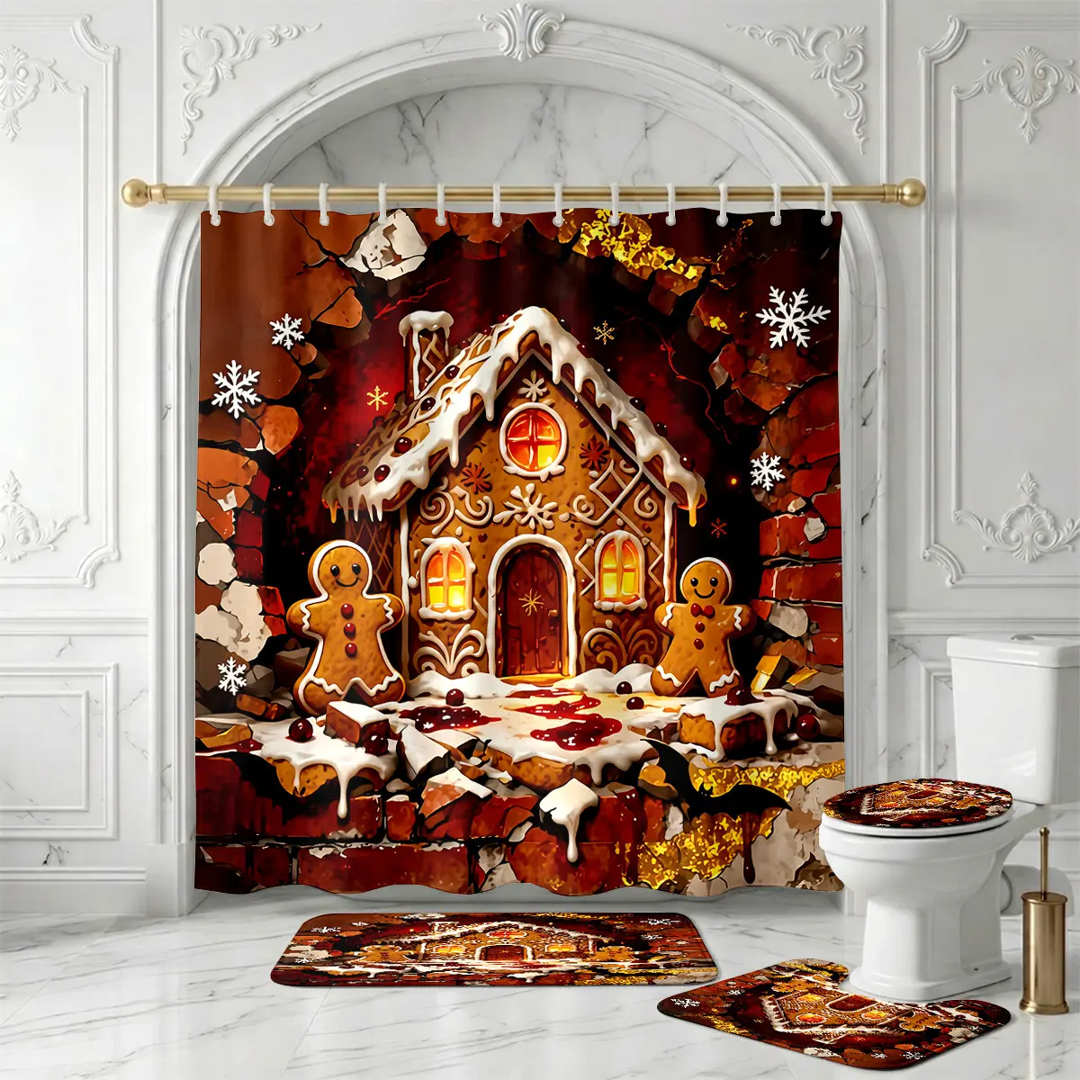 Gingerbread House Shower Curtain Set – Snowflake Cookie Candy Winter Wonderland Bathroom Decor for Christmas, Xmas, New Year, Holiday & Festive Celebration