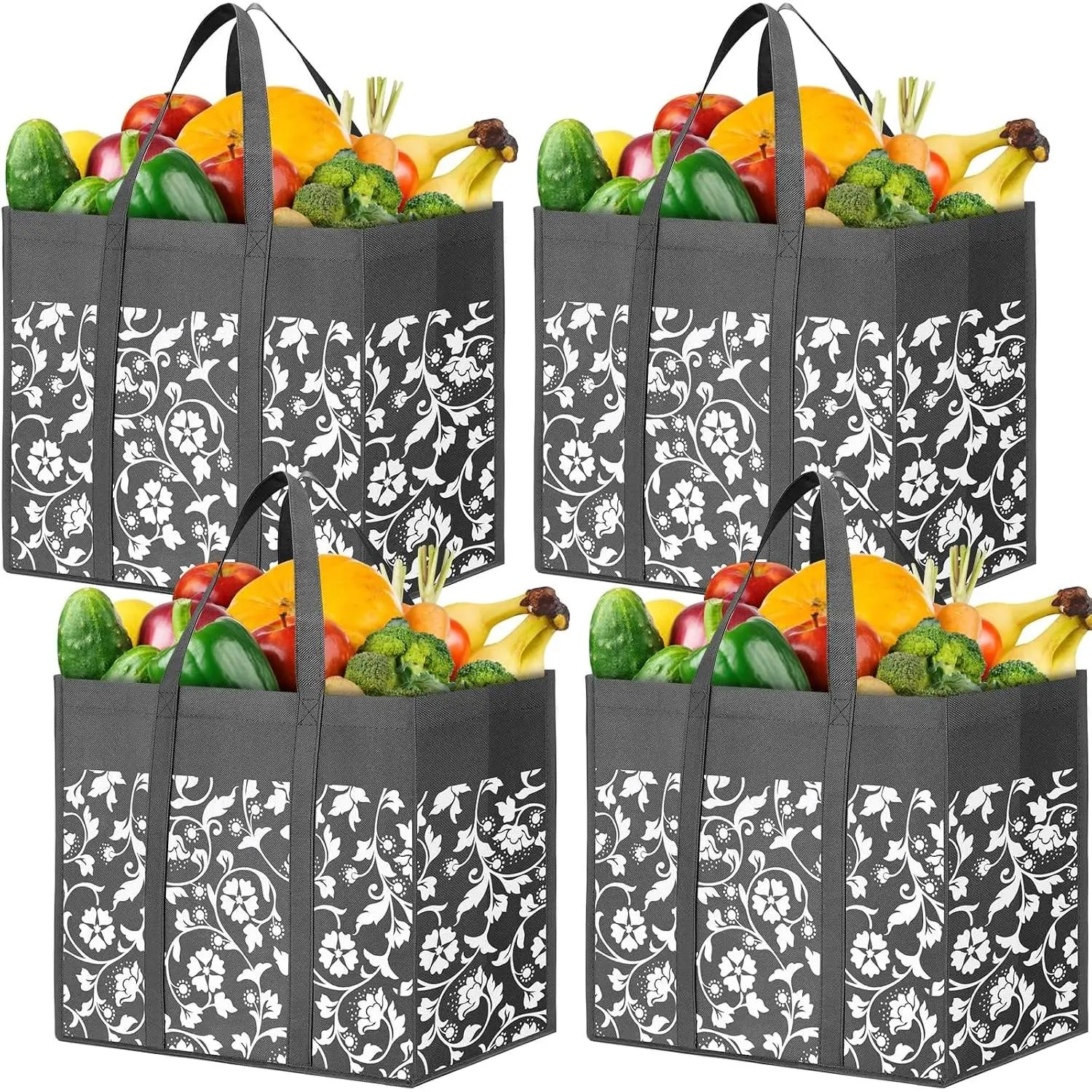 Grocery Bags Foldable Tote Bags Bulk with Reinforced Handles Shopping Bags for Groceries Heavy Duty Large Bags Kitchen  Grocery Bags with  Coating 4-Pack, Grey