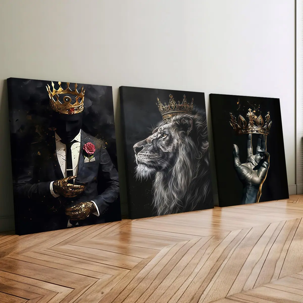 3-Piece Wood Frame Canvas Posters, Modern Living Room Decor, Waterproof, Odorless, Suitable for Home, Bedroom, Office, Retro Lion Design, Lion Wall Art
