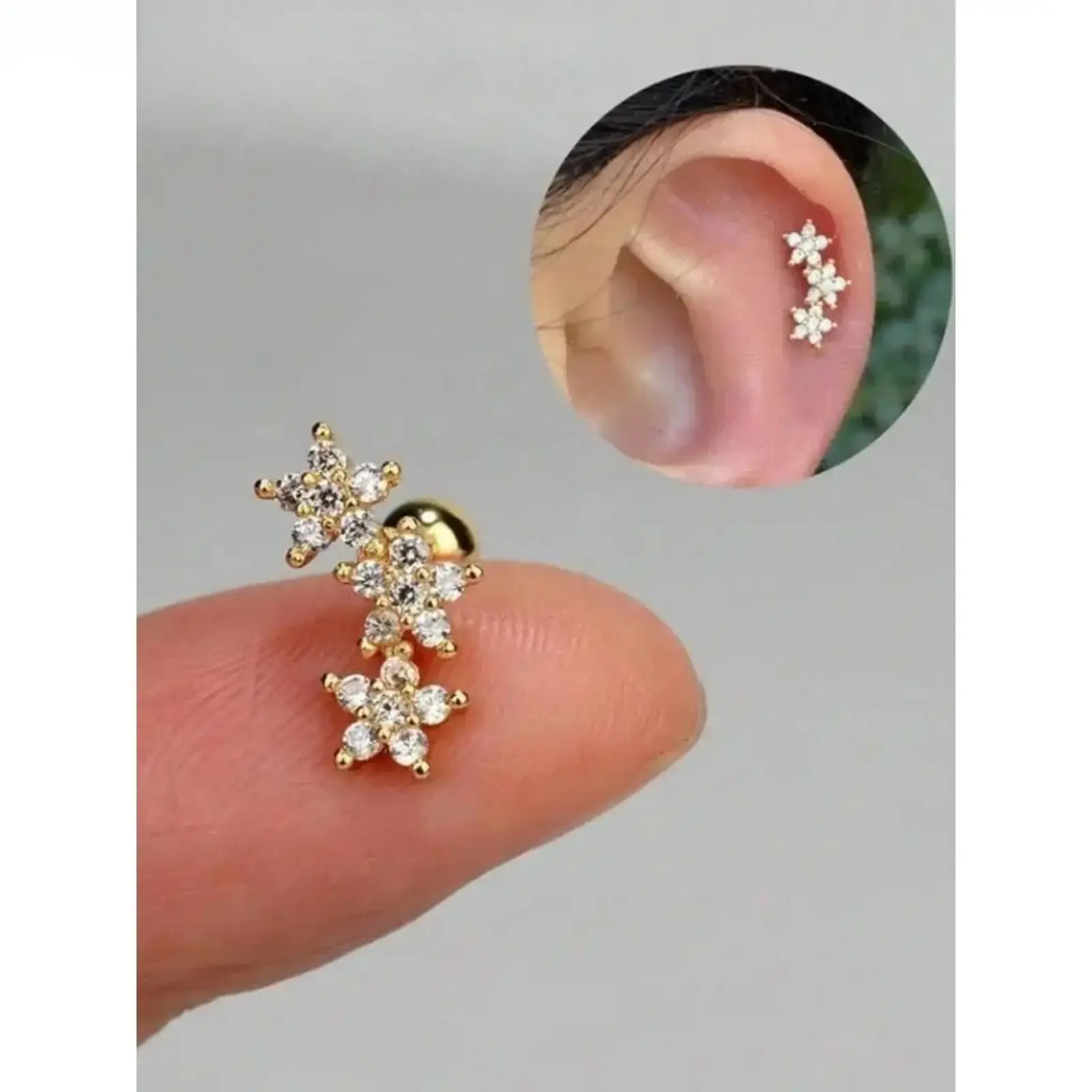 16G Cartilage Earrings, 3 Flower CZ Helix Stud Earrings, Hypoallergenic Stainless Steel Piercing Jewelry for Women