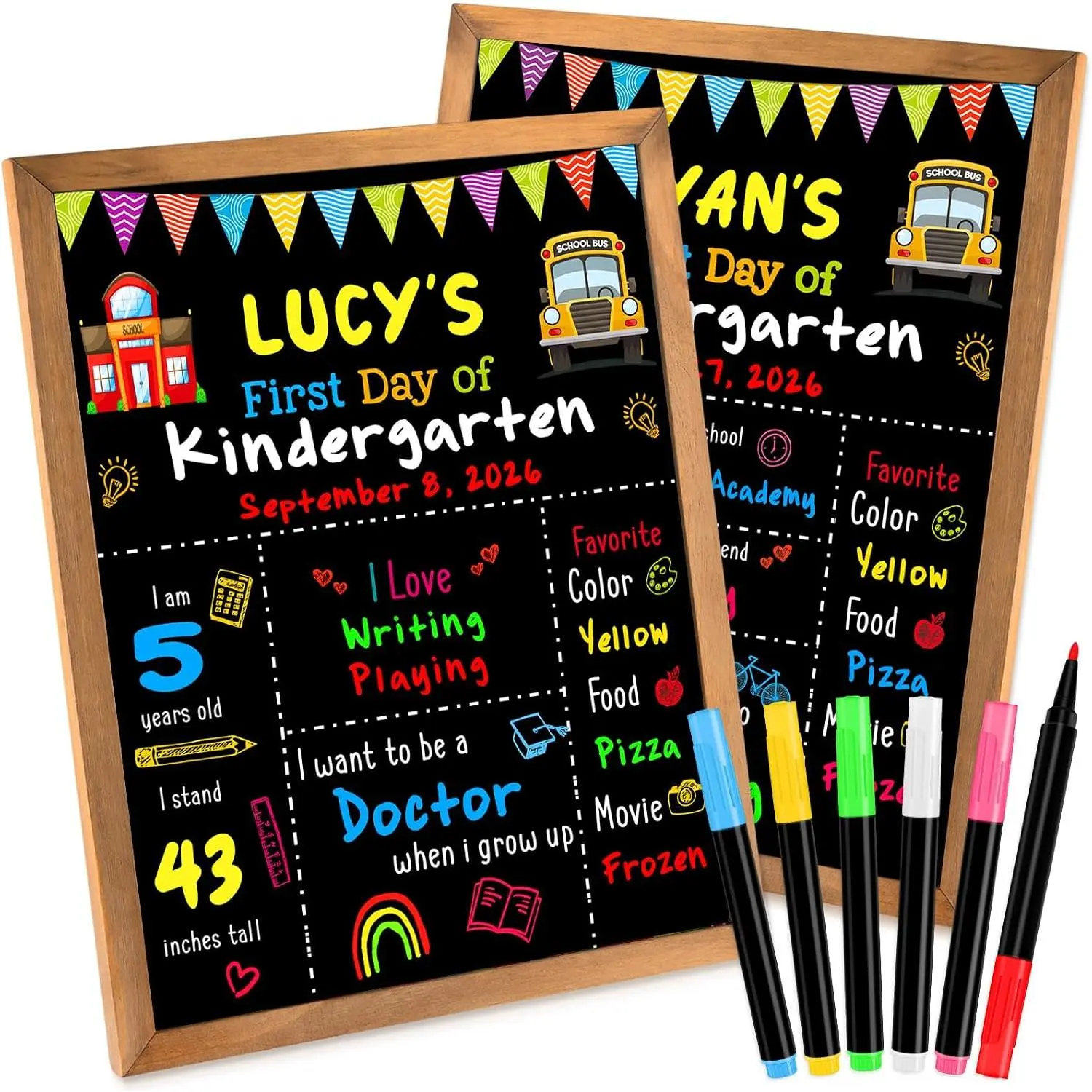 Wood Frame Chalkboard Set for School Milestones, Double-Sided 14"x10.4" Sign Board with 6 Liquid Chalk Markers, Essential Educational Supplies