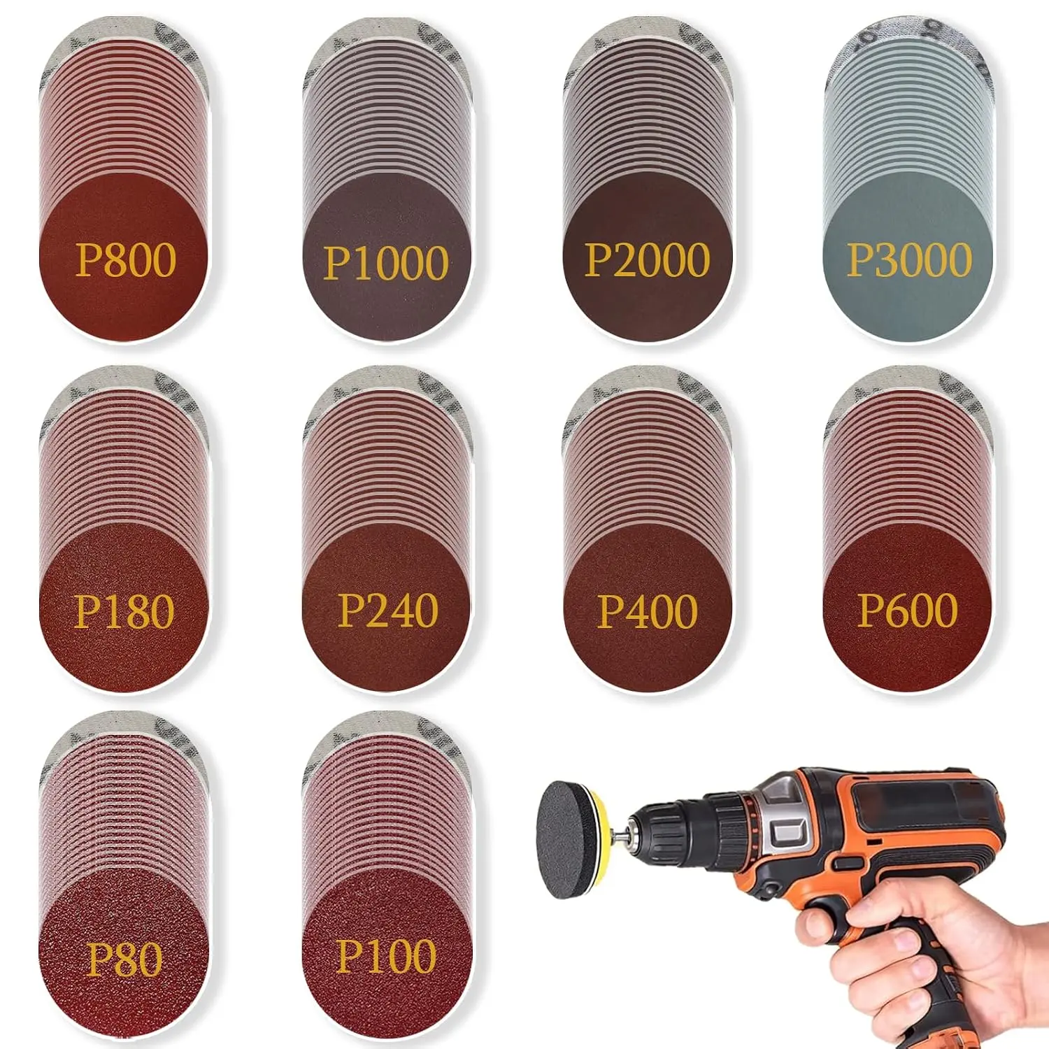 200 count 2 Inch Sanding Discs Pad Kit Includes 80-3000 Grit Sandpapers, Hook and Loop Sand Paper for Sanding, Polishing and Finishing Various Materials