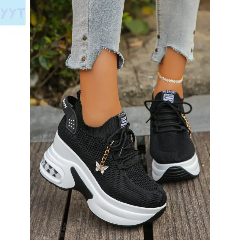 YYT1 Unisex Wedge Platform Hidden Heel Casual Trainers, Round Toe Lace-Up Flyknit Hollow Mesh Shoes, Lightweight for Everyday Wear & Lightweight Walks, Petite-Friendly Elegant All-Match Couple Style