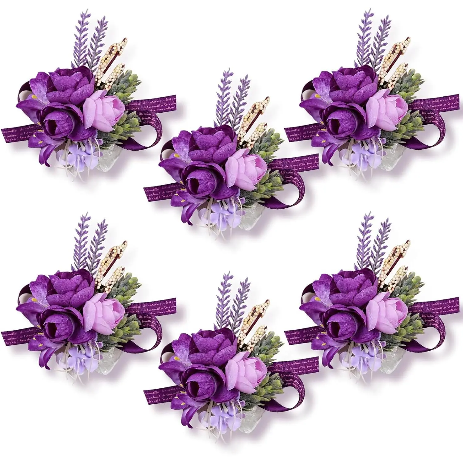 Lavender Purple Handmade Wrist Corsages (Set of 6) with Elastic Band, Artificial Silk Rose Formal Flowers for Wedding (Mother of Bride/Groom), Birthday & Beach Hand Decor, Adjustable, Mothers