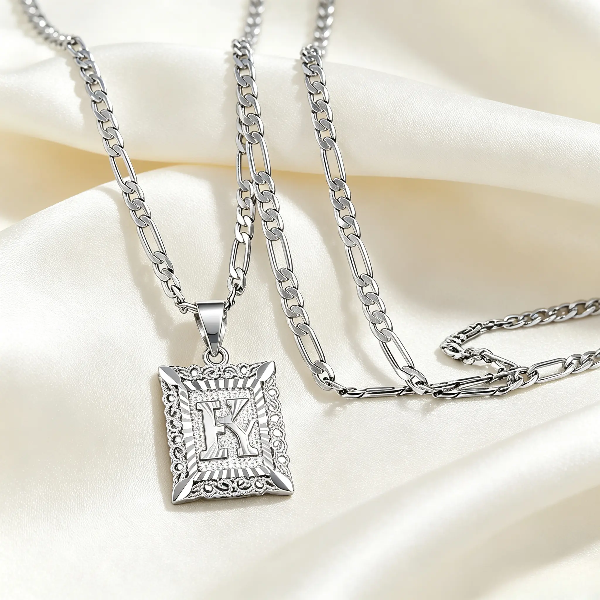 Personalized Square Monogram Silvery Pendant Necklace, Chic A‑Z Initial Letter Charm With Classic Figaro Chain, Unisex Accessory For Daily Styling, Ideal Gift For Birthdays And Special Occasions