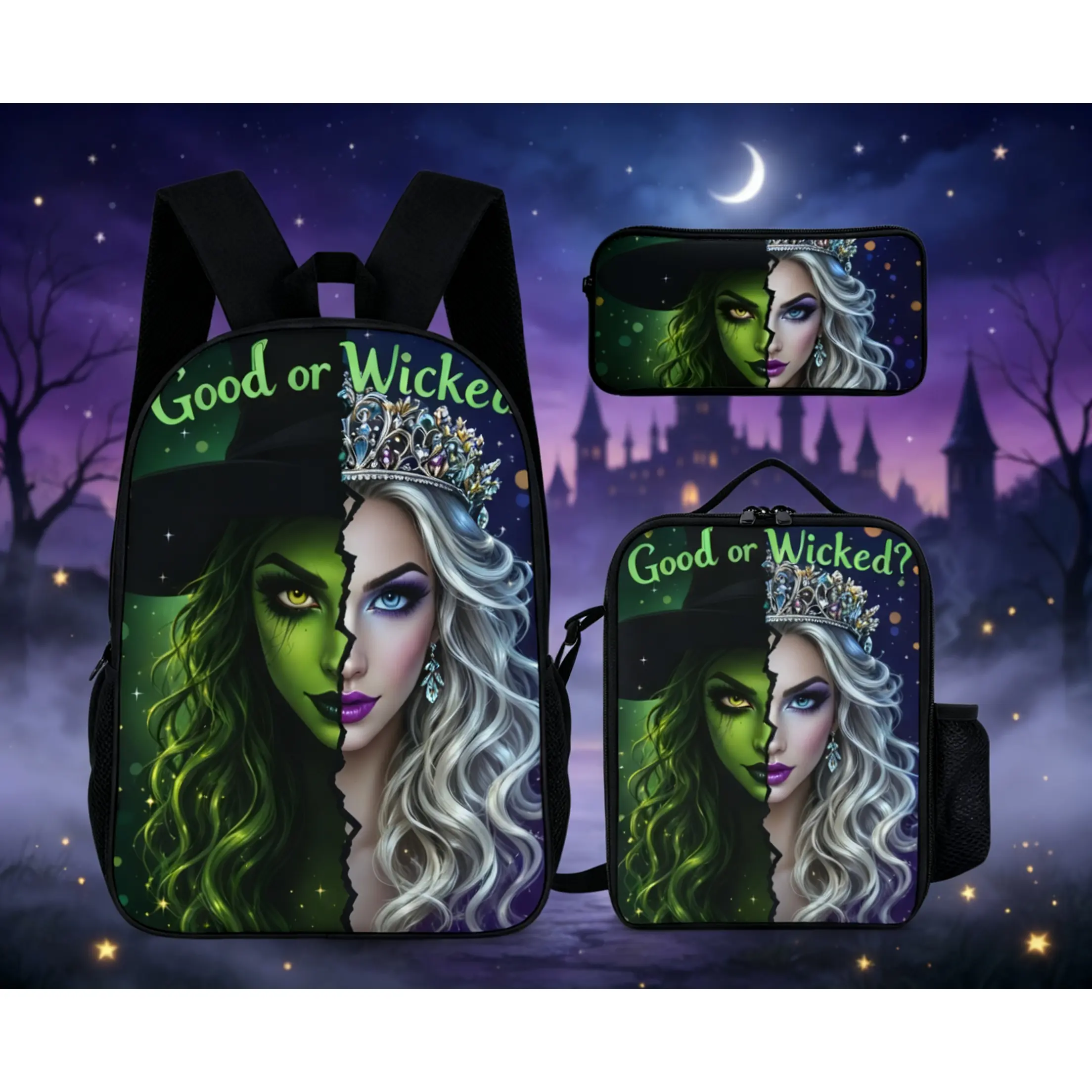 Backpack Set Black Green And White Good Or Wicked Split Face Witch And Princess Print For School Travel And Daily Use The essential three-piece set for the back-to-school season