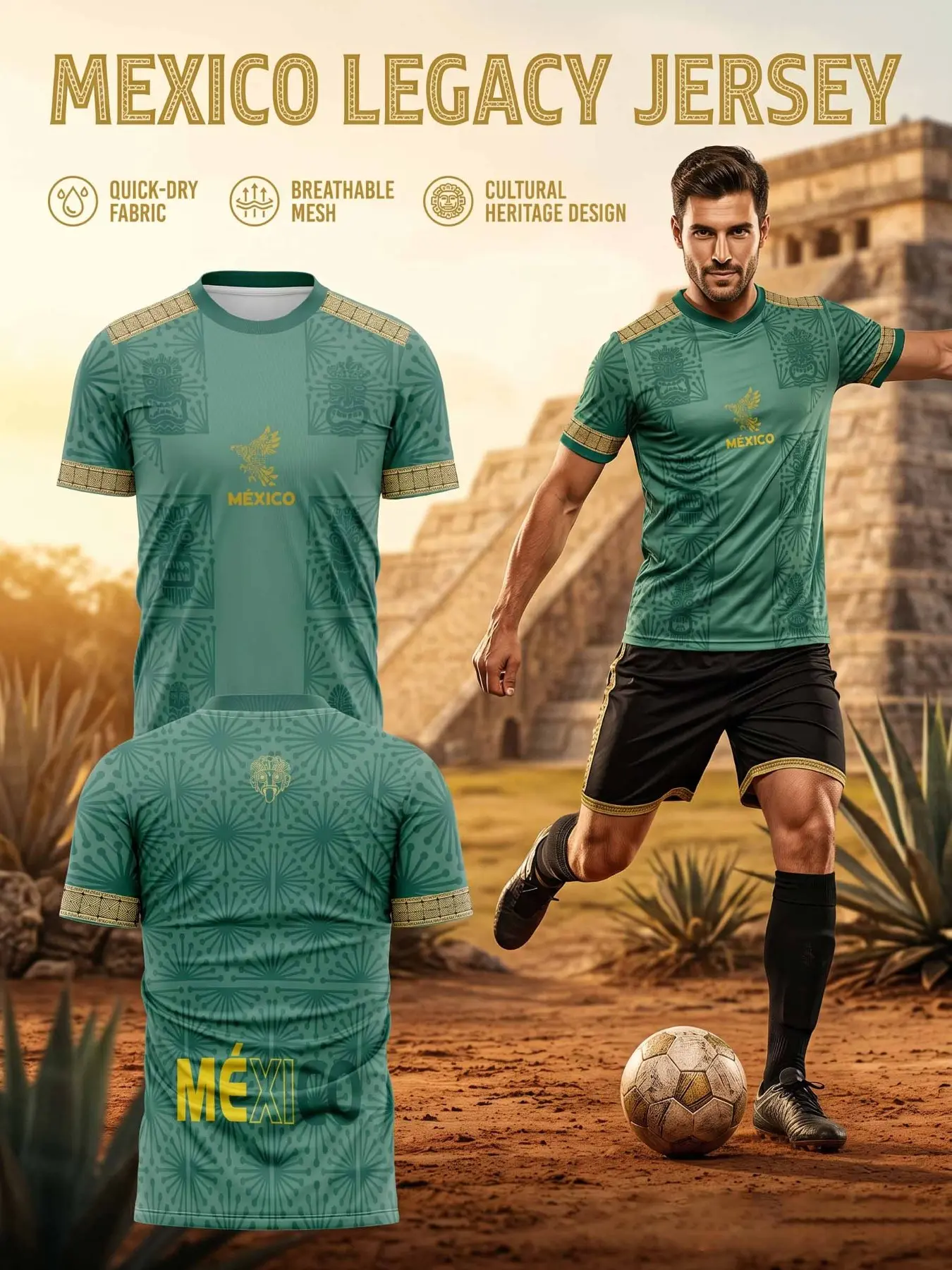 2026 Mexico Gold Aztec Print Soccer Training Jersey, Lightweight Quick-Dry Mesh Fabric, Breathable, Elastic Fit, Durable Design, Football Jersey, Soccer Jerseys