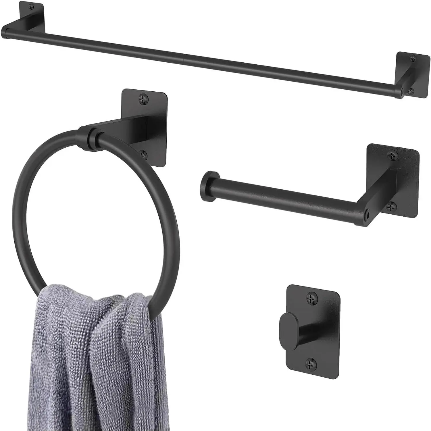 Black Bathroom Accessories Set, 4-Piece Bathroom Hardware Set, 24 inch Towel Bar, Towel Racks for Bathroom, Robe Towel Hooks, Toilet Paper Holder Wall MountedGift