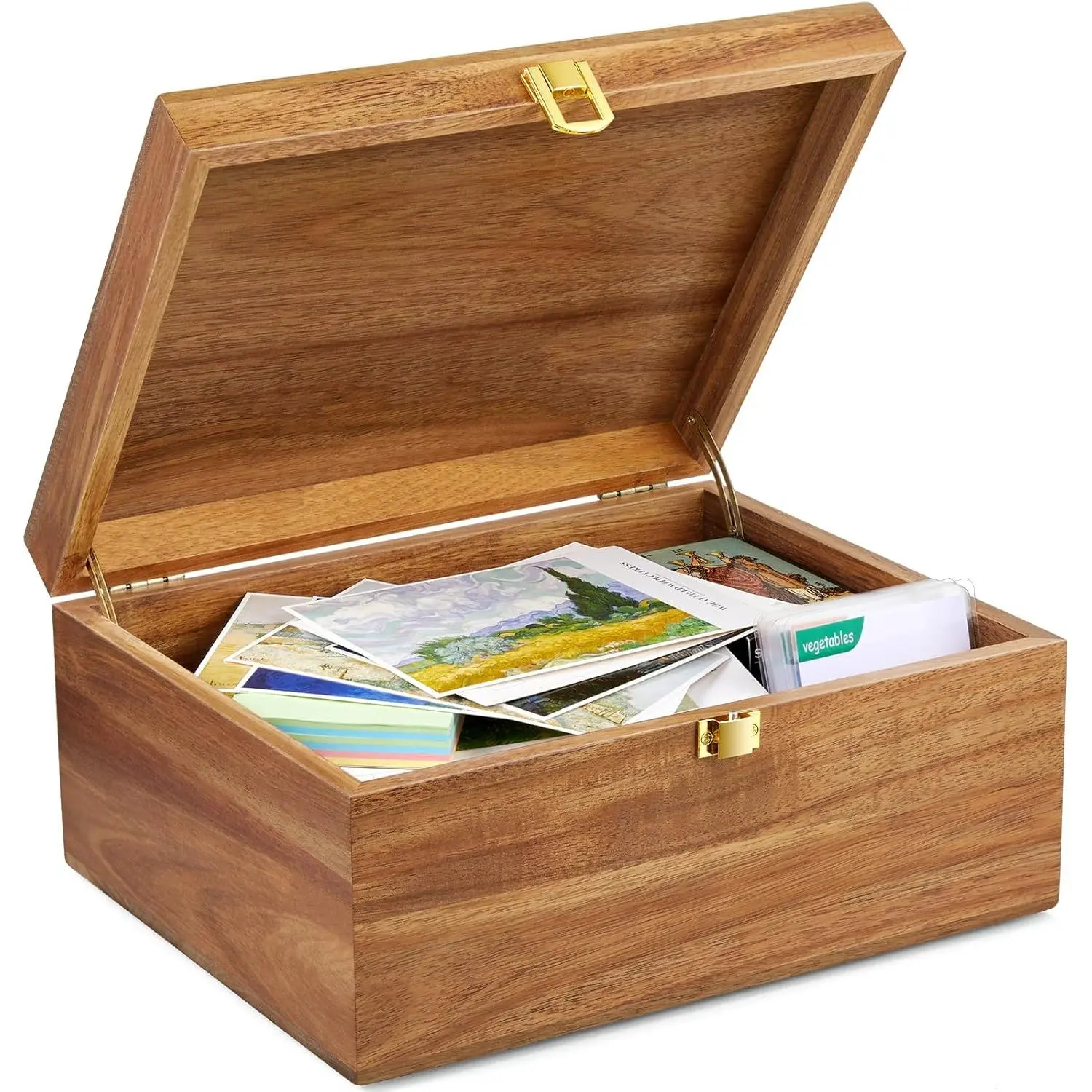 Wooden Keepsake Box, Large Acacia Storage Memory Box with a Hinged Lid for Crafts and Photo Storage