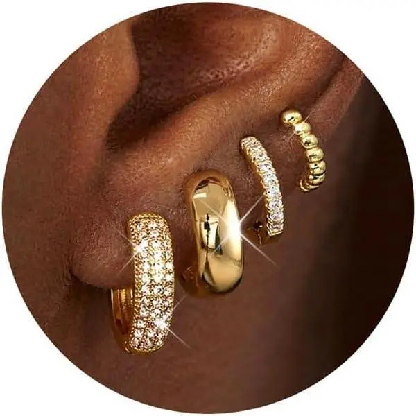 Gold Hoop Earrings for Women - 4Pairs 14K Gold Plated Non Tarnish Hypoallergenic Chunky Earrings Set Dainty Cubic Zirconia Lightweight Small Huggie Hoops Earring Stacks for Multiple Piercing