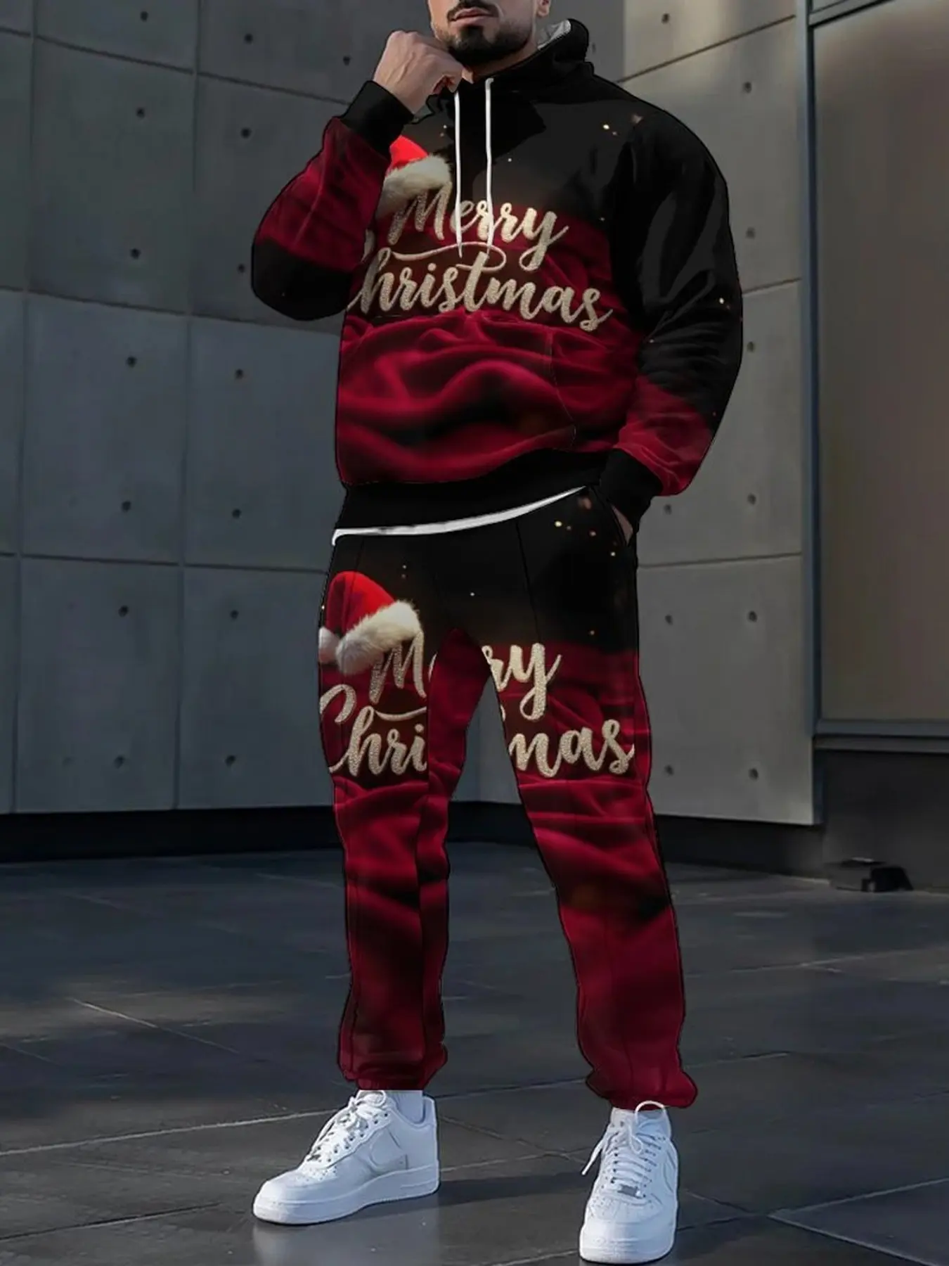 Men's Merry Christmas Letter Print Hoodie Tracksuit 2 Piece Outfit, Santa Hat Gradient Graphic Hooded Sweatshirt & Jogger Pants Set, Holiday Casual Matching Suit