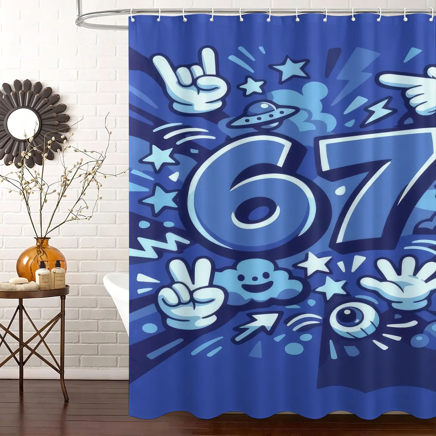 Cool Street Graffiti 67 Number Shower Curtain, Modern Shower Curtain, Blue Cartoon Print, Pop Art Style, Waterproof And Mildew-Proof Fabric, With Hooks, Suitable For Teenage Boys' Bathroom, Machine Washable