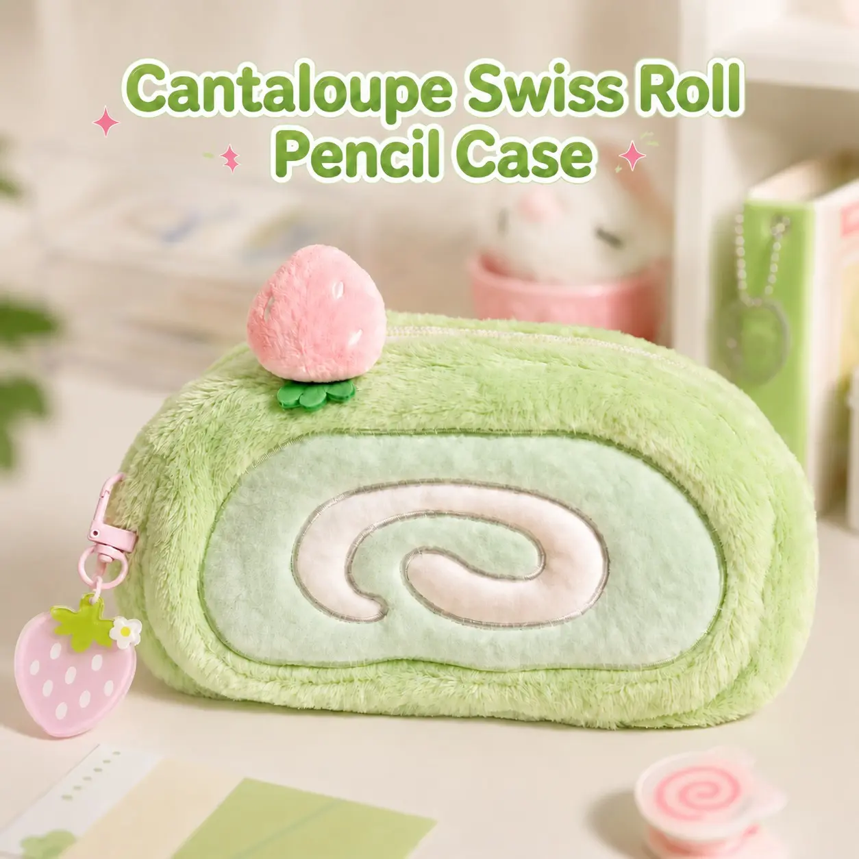 Cantaloupe Swiss Roll Pencil Case, Cute Strawberry Charm, Kawaii Plush Design, Organizational Bag, Sweet Inspiration, Travel Organizer, Desk Accessories