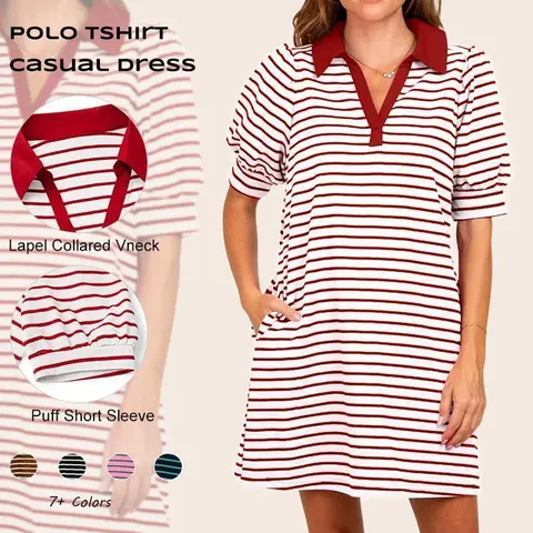 Imily Bela Women's Summer Lapel Collared V Neck Striped Dress Casual Puff Short Sleeve Polo Tshirt Dresses with Pockets