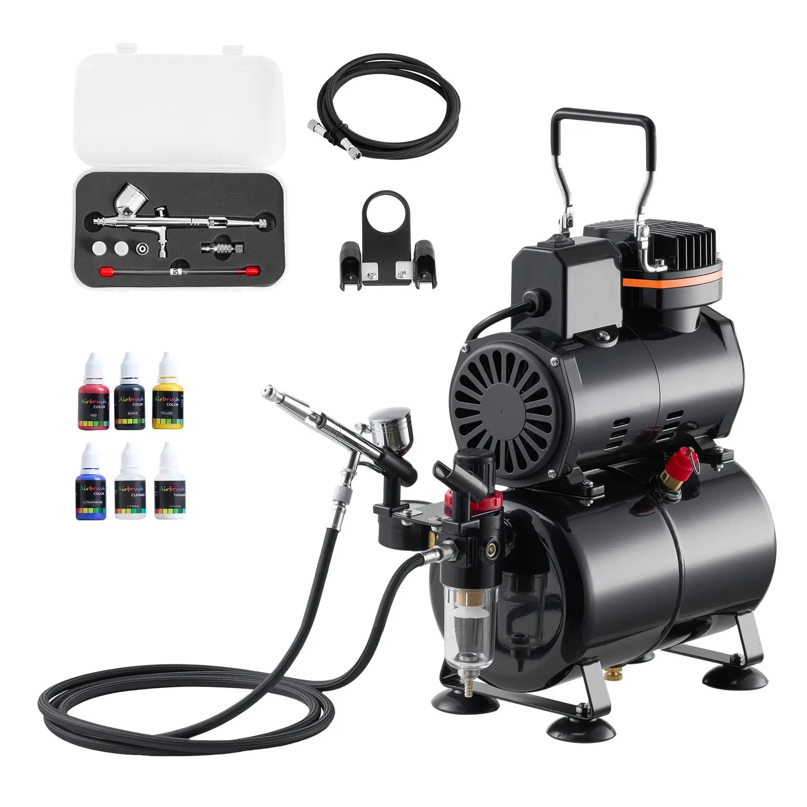 VEVOR Professional Airbrush Tool Kit with 1/6 HP Air Compressor, Tank, Dual-Action Airbrush, 3 Tips, Acrylic Paint, Low Noise for Cake Decorating, Model Painting, Art