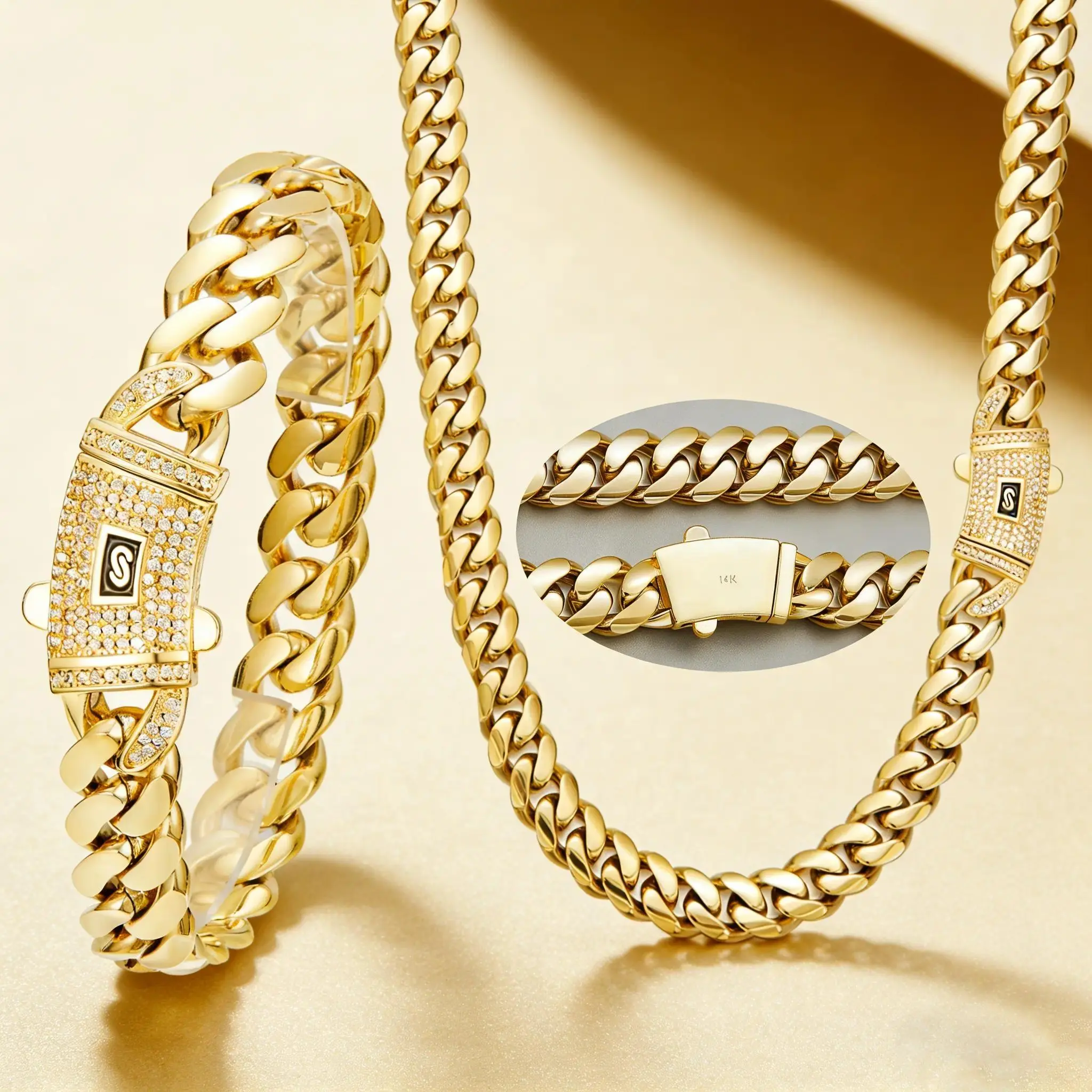 [Set] 14K Real Gold-Plated Cuban Necklace & Bracelet with Miami Link Chain Stainless Steel Thick Anti-Friction Chain and Diamond Clasp for Men and Women 6/8/10/12/14MM Colorfast Waterproof Thickened Hip Hop Jewelry Black Friday