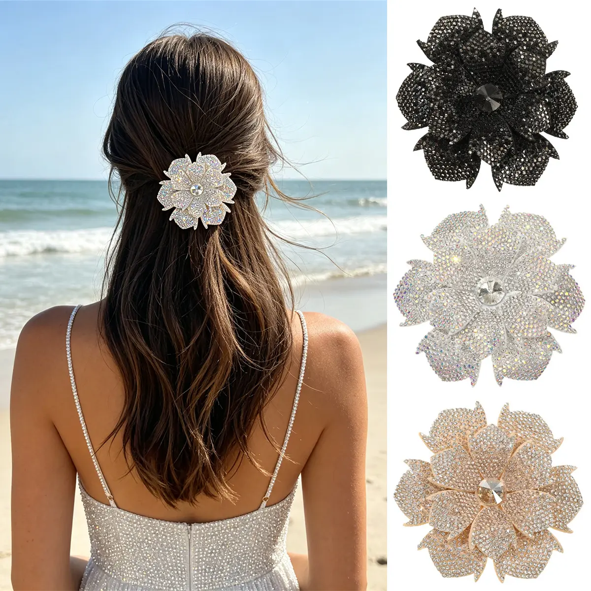 AWAYTR 3-Piece Classic Floral Shape Hair Clips, Female Alloy Metal Crystal Stones Spring Hairpins, Silver Bridal Barrette for Brides, Flower Girls, Elegant, Spring Clip