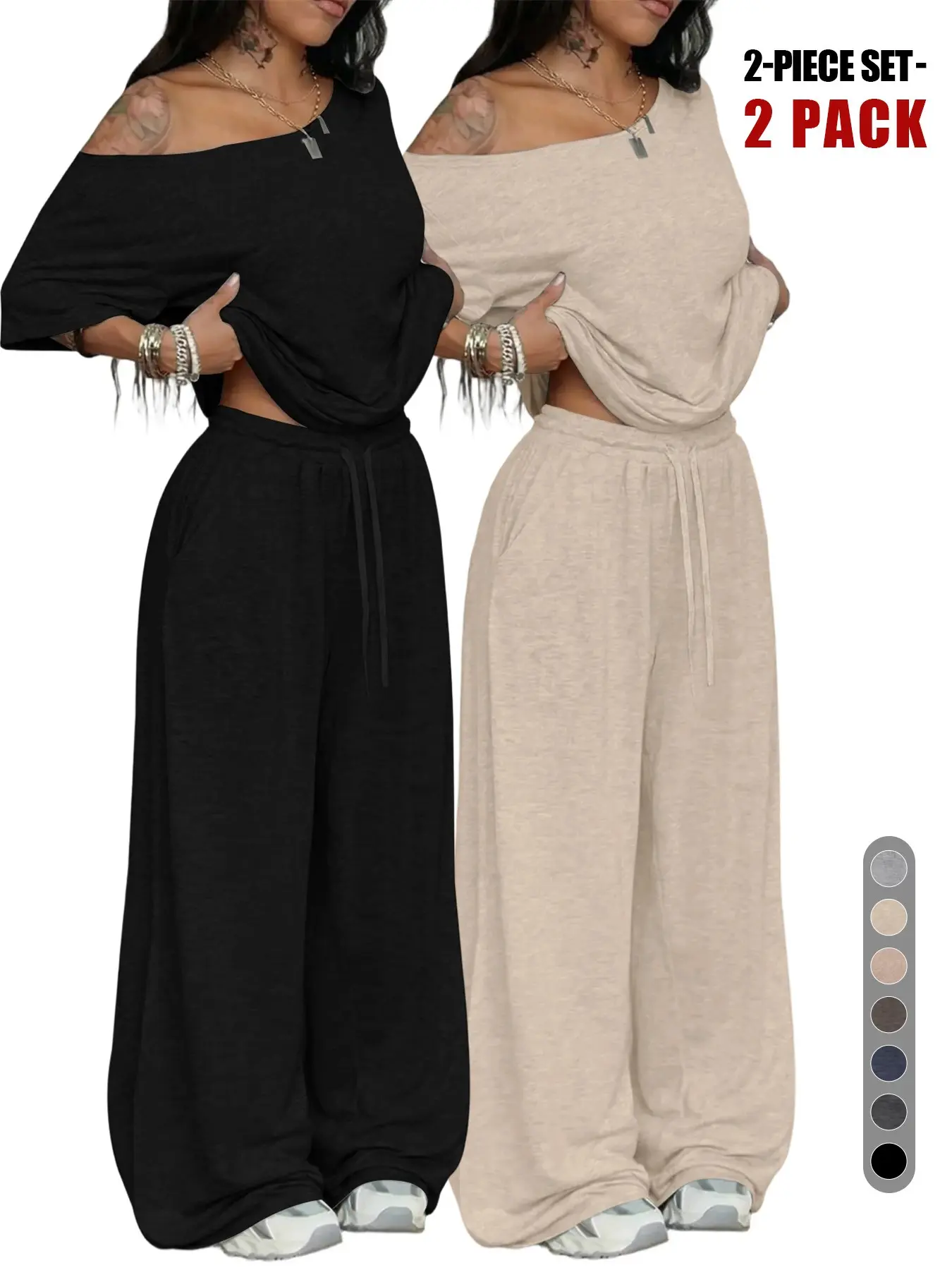 Women's 2-Piece Pajama Casual Lounge Set, Off-Shoulder Oversized Short Sleeve Top & Wide-Leg Pants, Soft Comfortable Drawstring Loungewear for All Seasons Nightwear Pjs