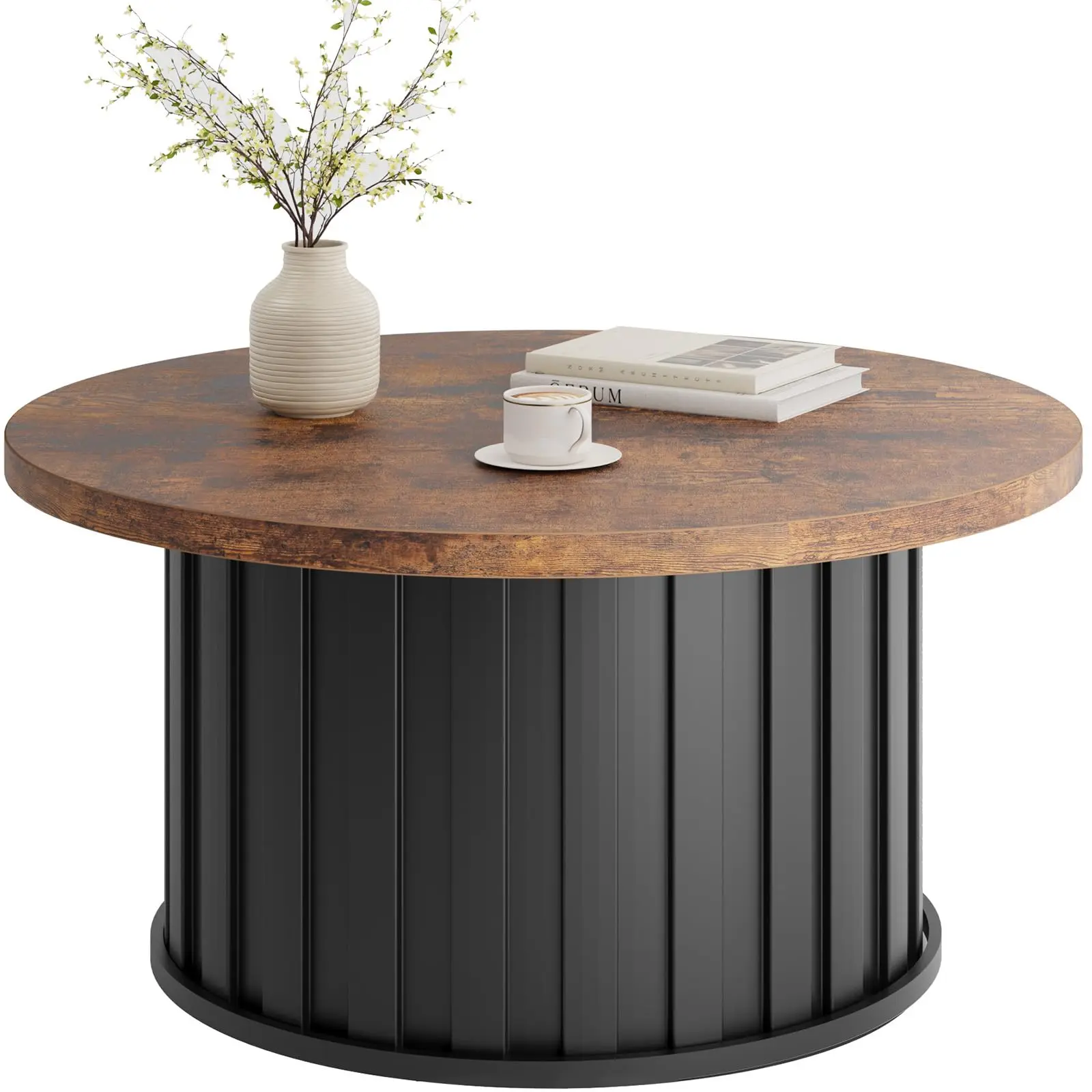 Round Coffee Table, Mid Century Modern Coffee Table with Metal Base, 31.9" Fluted Center Table,Space-Saving Accent Table for Living Room, Home Small Space, Apartment, Brown/Grey