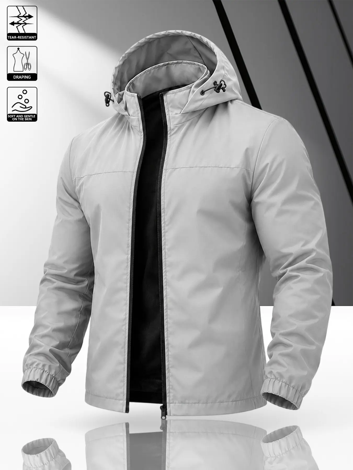 Men's Plain Hooded Windbreaker Jacket, Casual Long Sleeve Flying Coat, Loose-Fit All-Season Outerwear, Basic Zip-Up Fashion
