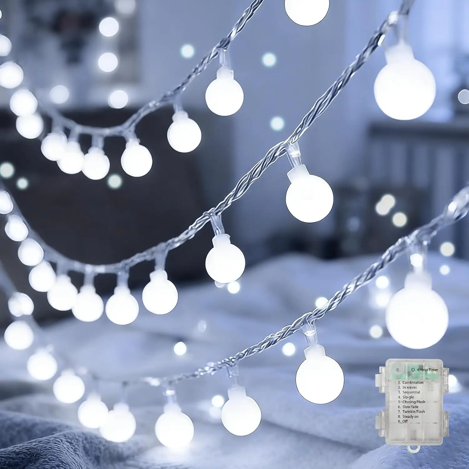 50LED White Globe String Lights, 16ft Clear Wire Fairy Lights, 8 Modes  3AA  Operated for Christmas Tree  Party Patio