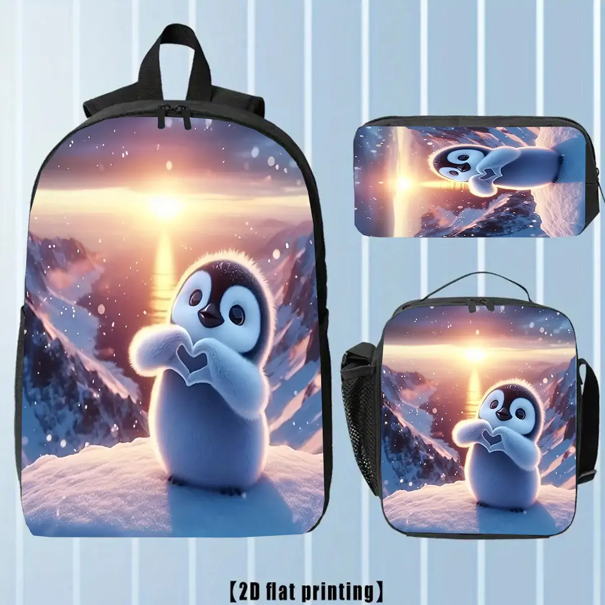 3-Piece Vibrant Print Penguin Backpack Set with Matching Lunch Bag & Pencil Case, Cute Animal Graphic School Bag for 17-Inch Laptop, Back to School Haul, Cute Animal Graphic Backpacks, Matching Lunch Bag And Set Backpacks