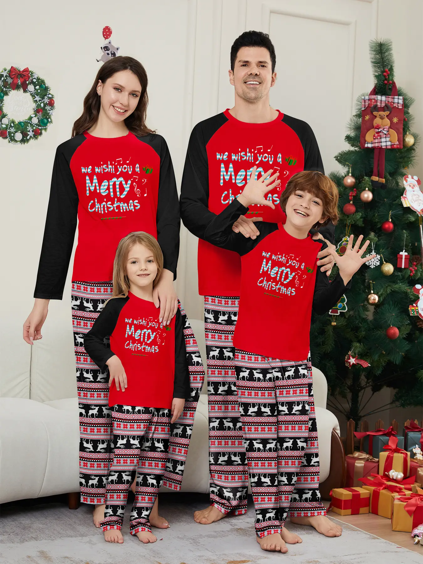 Family Matching Christmas Pajamas Set for 4, Santa & Tree Print Two-piece Loungewear with Red Trim, Soft Breathable Knit, Perfect for Xmas Photos, Party & Daily Sleep