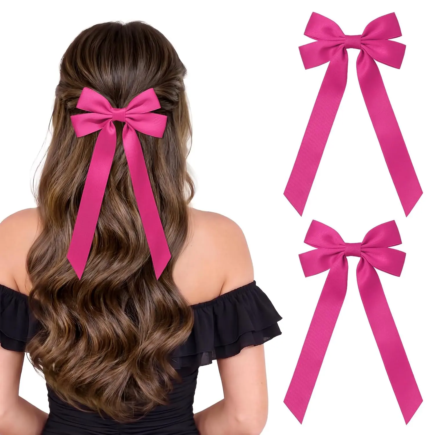 Large Ribbon Hair Bow Clips for Girls, 2-Pack Cute Pink Ponytail Holder, Fashion Hair Accessories for Women & Toddlers, Little Girl Hair Clips