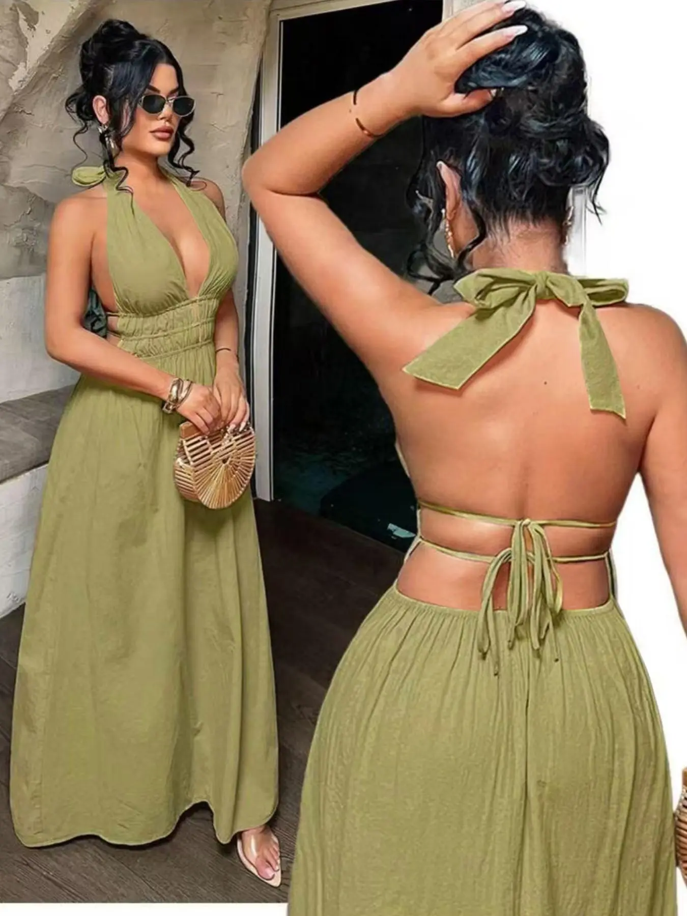 New Bohemian Style Women's Dress, Casual Halter Neck Backless Summer Dress, Fashionable and Comfortable Clothes, Perfect for Everyday Wear
