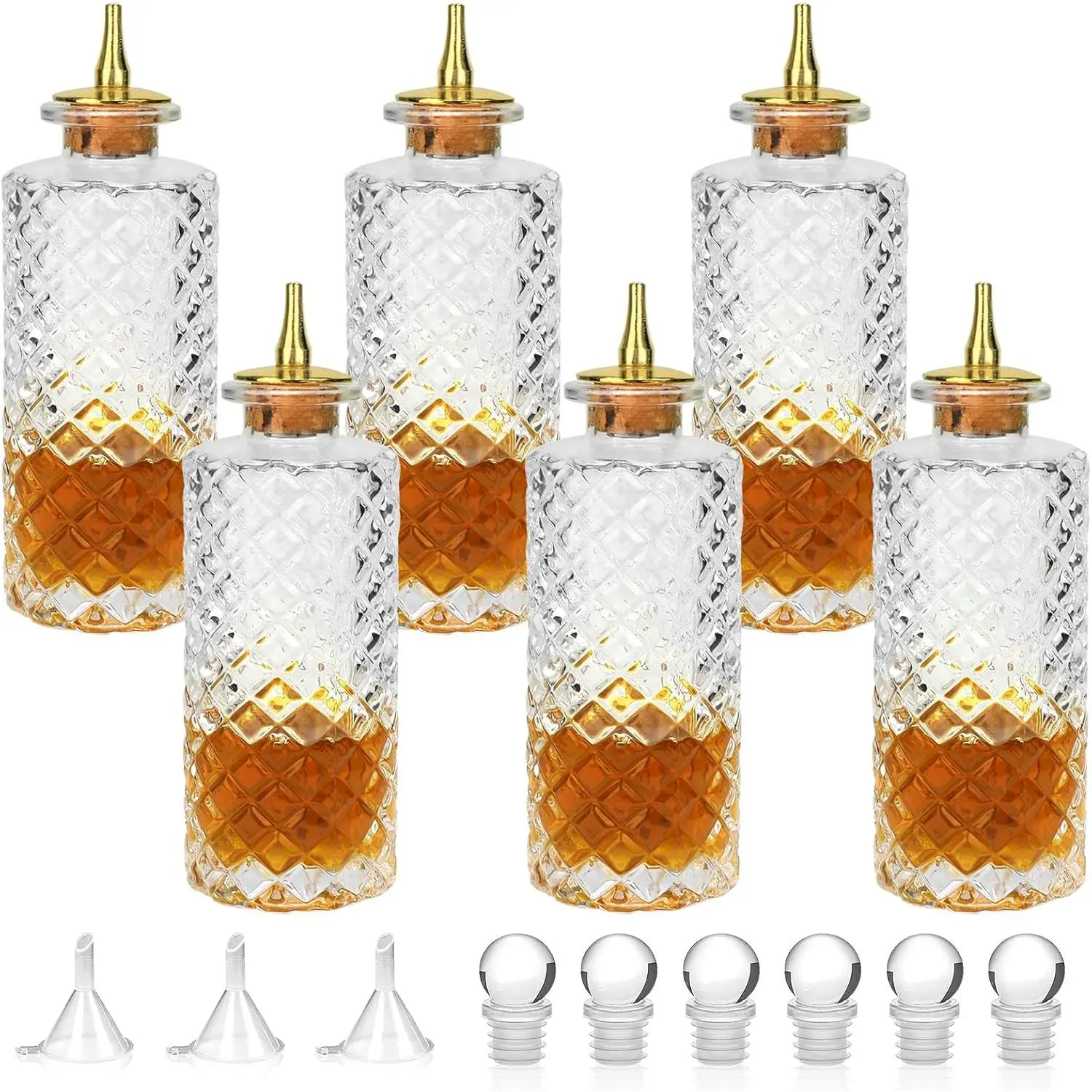 Bitter Bottle 6pcs 5.7oz/170ml, With Gold Plated Cork Dasher Top For Cocktail (6, Gold)