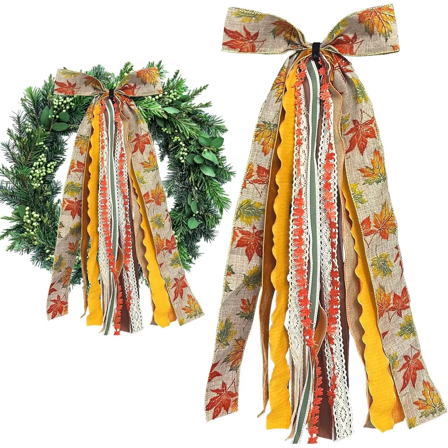 Large Fall Ribbon Bow for Wreath, Orange Maple Leaves Fabric Ribbons Set  Lace Ribbon Fall Clip- Wreath Sash Ribbons Bundle for Thanksgiving Indoor Outdoor Decor