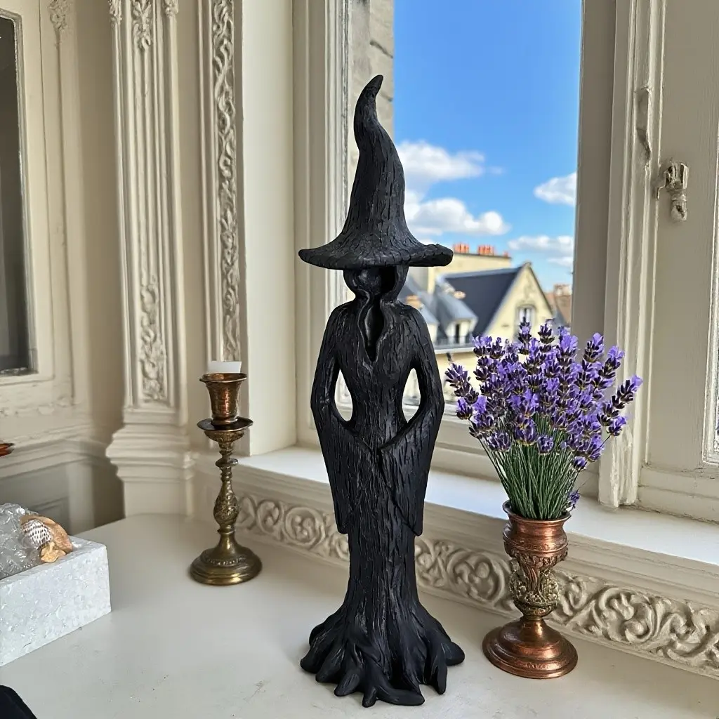 Resin Witch Statue Set, Halloween Tree Bark Witch Sculpture, Pumpkin Lantern, Gothic Style Desk Decor, Home Fireplace, Window, Indoor Party Decor
