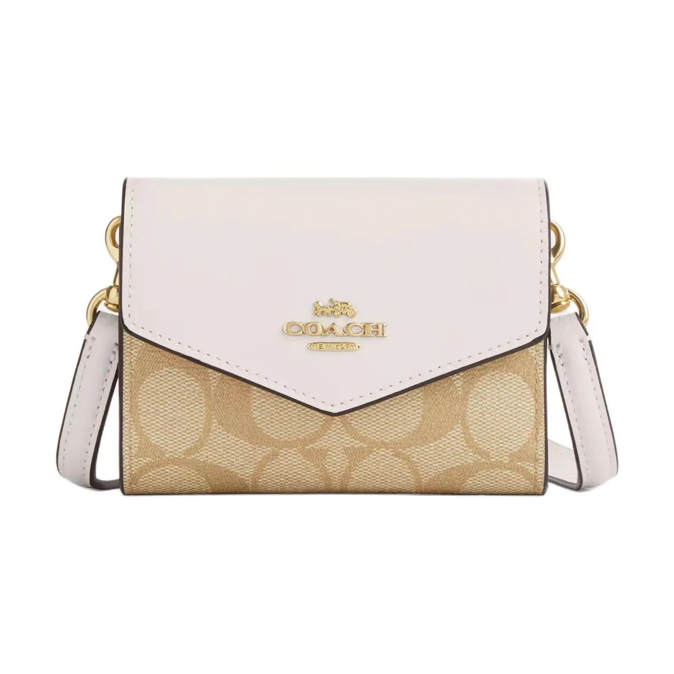 Coach Envelope 12 Mini Wallet for Women – Classic Monogram Canvas and Leather in Gold and Light Khaki