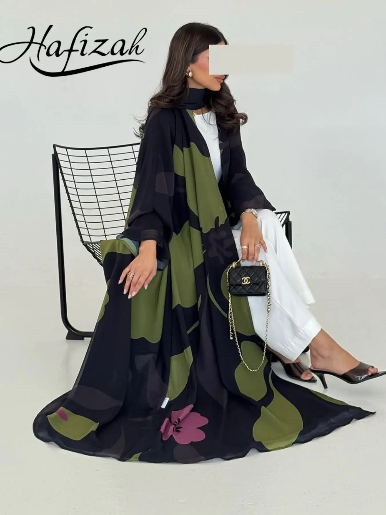 Hafizah Women’s 2-Piece Abstract Floral Print Abaya and Hijab Set, Elegant Islamic Clothing, Wide Sleeve Loose Fit Modest Muslim Maxi Kimono Robe for Ramadan Eid