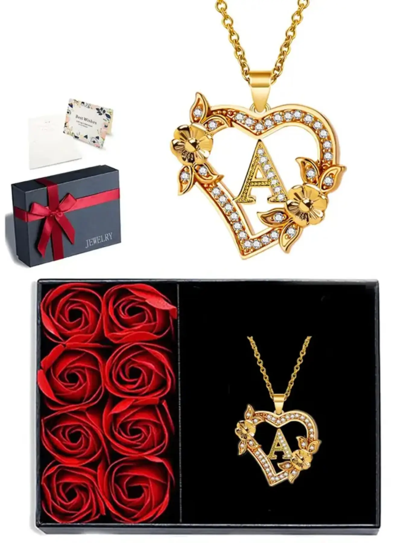 Heart-shaped initial necklace, with rose gift box, diamond-encrusted pendant necklace, rose flower heart initial pendant necklace, jewelry accessory, Chain jewelry, gift for women, Valentine's Day gift, Mother's Day gift