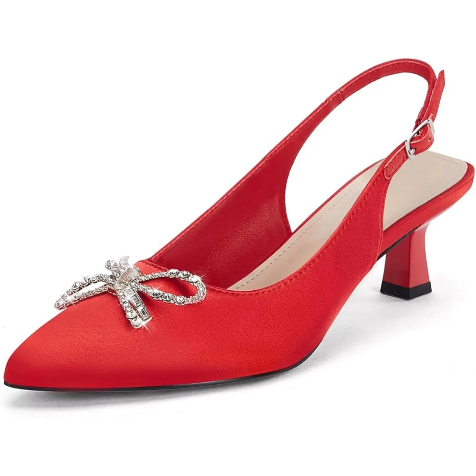 Coutgo Women's Satin Kitten Heel Pumps - Chic Look, Satin Fabric, Slip-On Slingback, Pointed Toe, Rhinestone Bow Wedding Dress Shoes