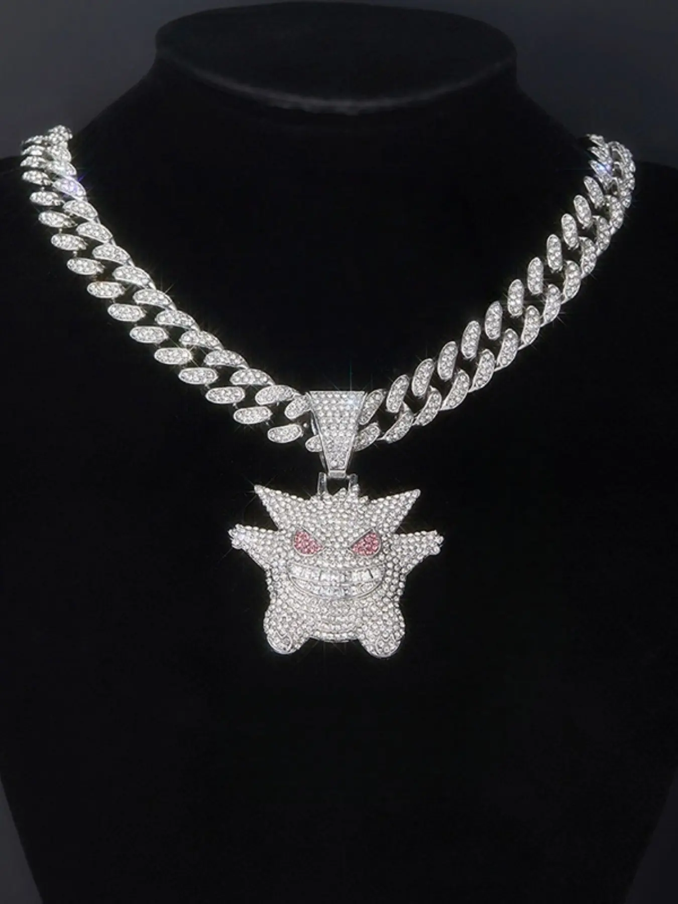 Cartoon Anime Hip Hop Rhinestone Ghost Pendant Necklace, Creative Alloy Full Drill Cuban Chain, Trendy Unisex Jewelry, Cuban Necklaces