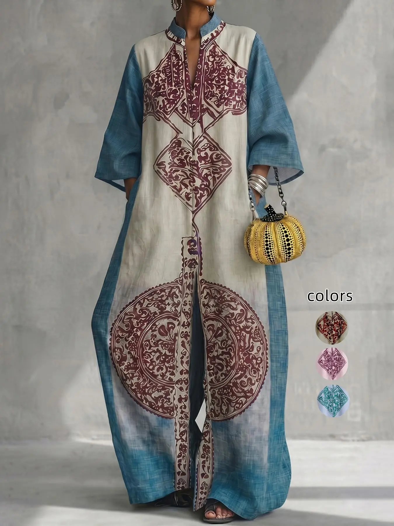 Loose Fit 3/4 Sleeve Ethnic Print Pocket V-Neck Jumpsuit, Chic, Stylish, Elegant and Comfortable, Perfect for Casual Wear