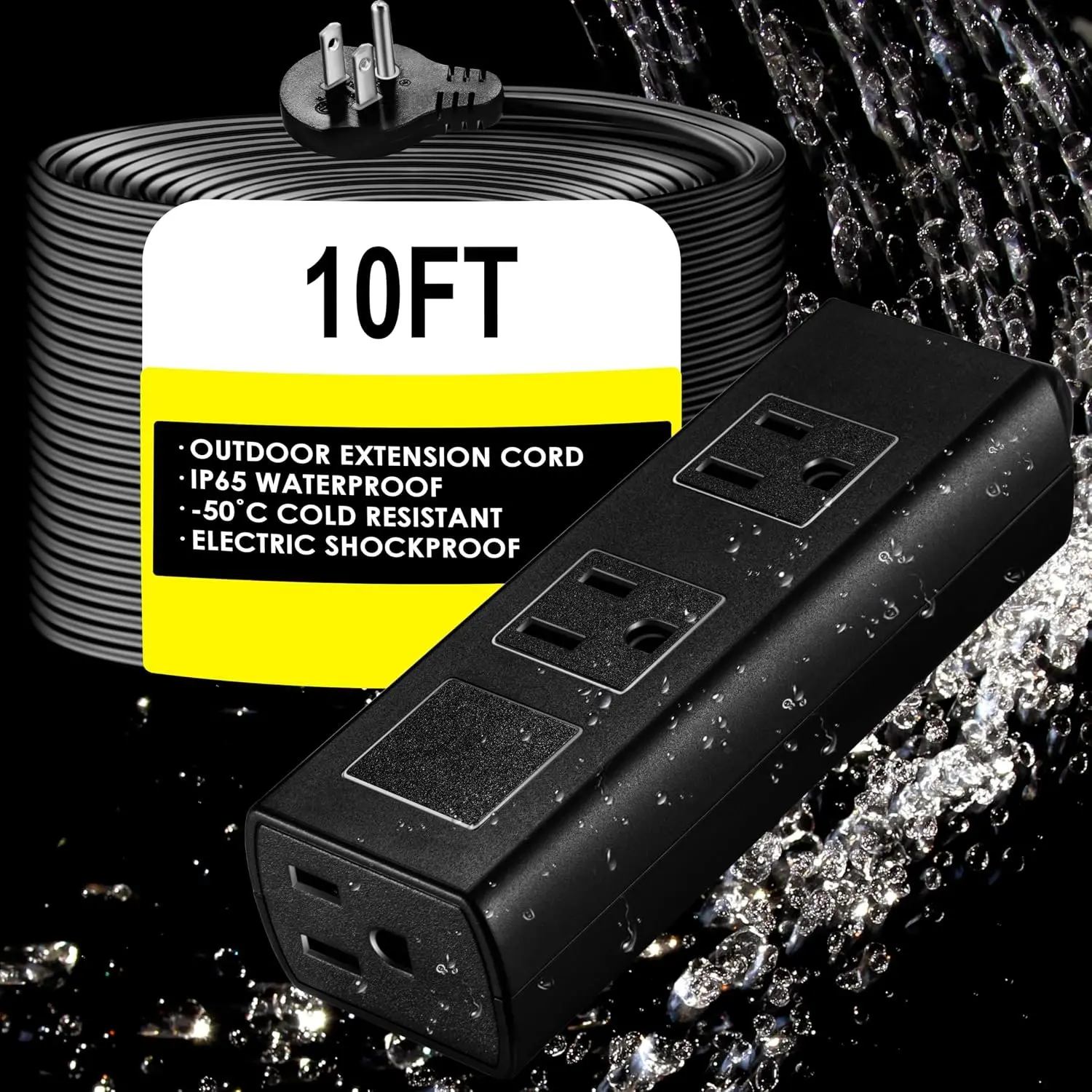 Outdoor Power Strip Weatherproof, 10FT Heavy Duty Outdoor Extension Cord - 3 Outlets -  Surge Protector, Shockproof Overload Protection Electrical Outlet, Industrial/ Power Strip