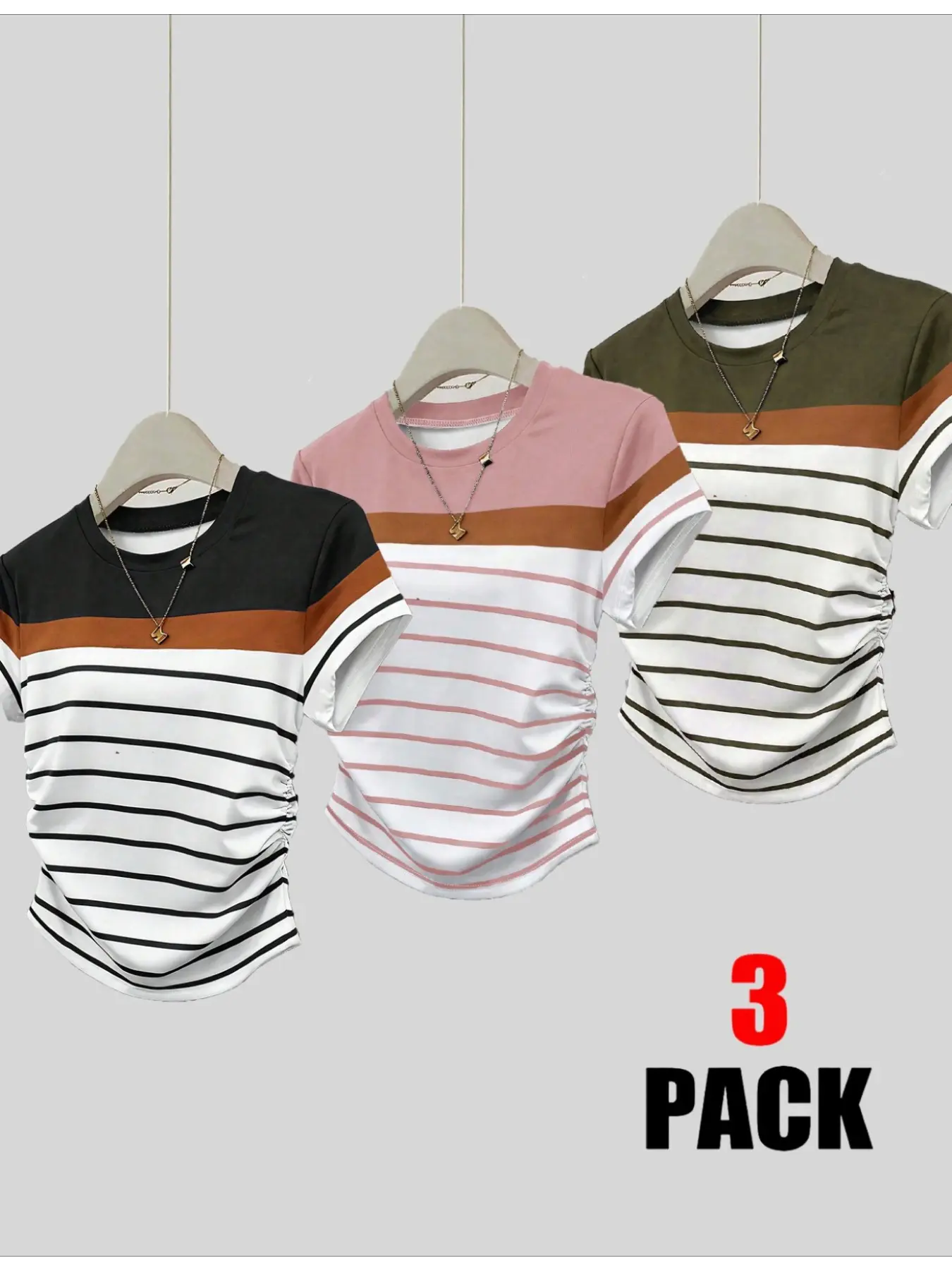 3-Pack Women's Striped Print Regular Fit Short Sleeve Round Neck T-Shirt for Spring and Summer - Slimming Casual Pleated Waist Top