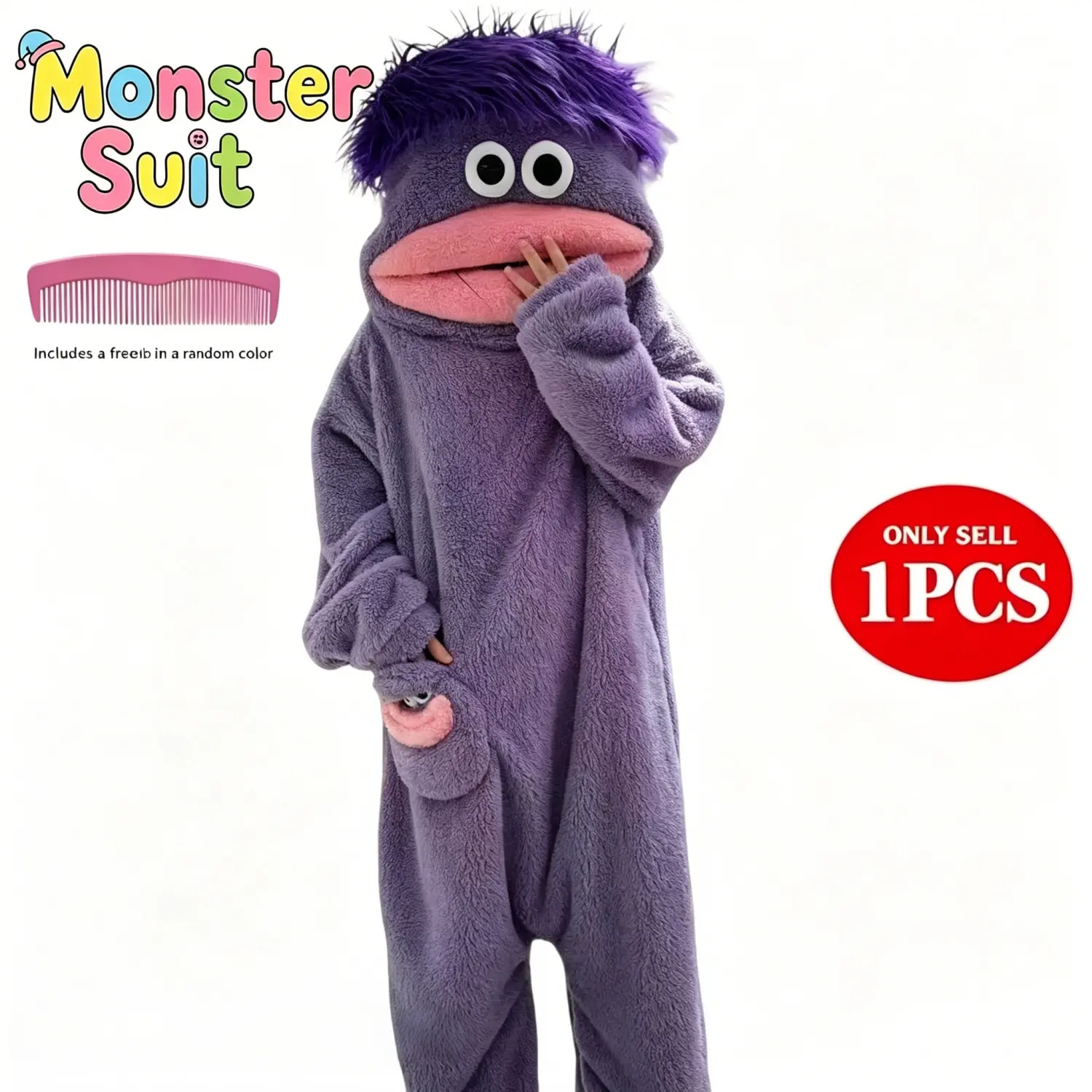 Funny One-Piece Sleepwear with Comb, Comfortable Hooded Pajamas, Cute Monster Party, Soft Flannel Robe, Homewear, Onesie, Long Sleeve, Silly Wearable Onesie