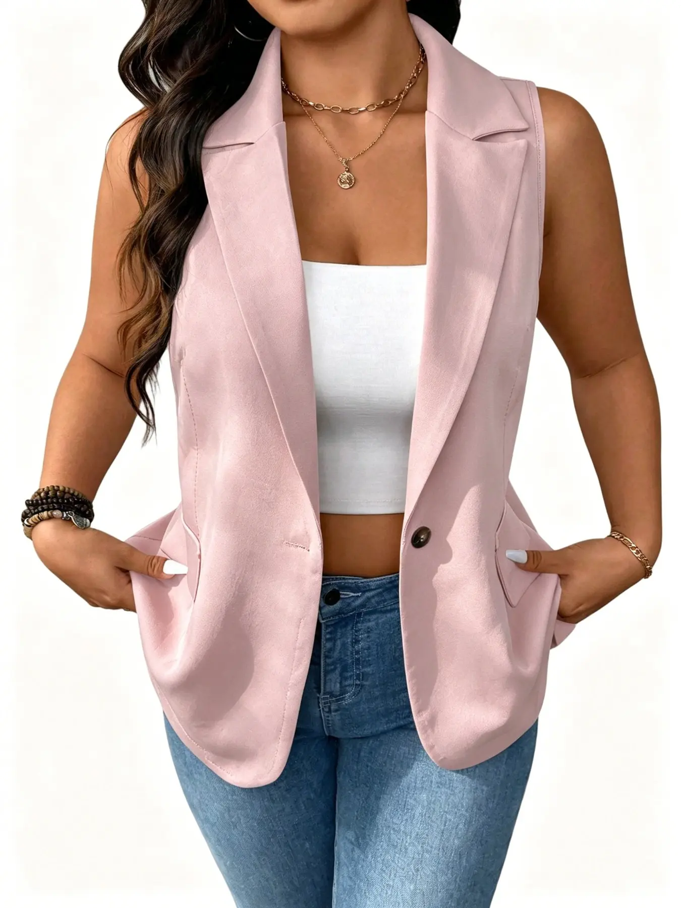 Women's Sleeveless Blazer Vest, Korean Style Office Wear, Basic Simple Lapel Single Button Waistcoat, Slimming Backless Outerwear, Plus Size, Tops