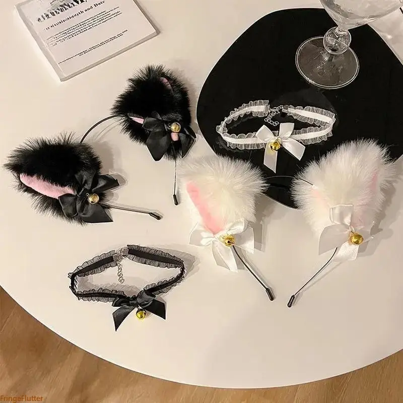 2026 New Fluffy Cat Ear Headband with Lace Choker Bell, Adjustable Metal Detail Sexy Cosplay Costume Headpiece for Halloween Christmas Themed Party Outdoor Festival