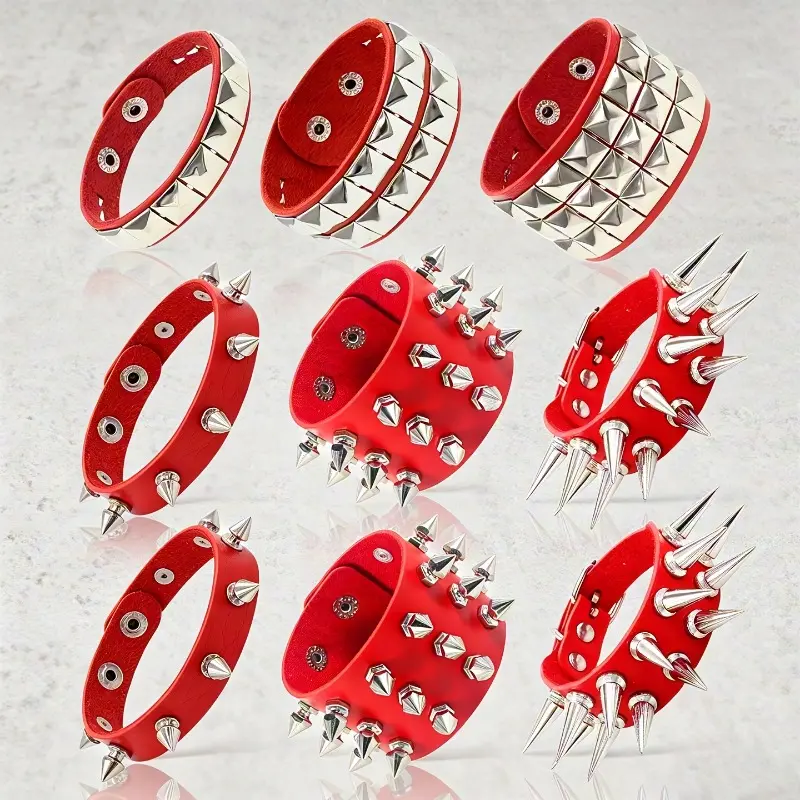 3/4/7/8Pcs Exaggerated Double Row Pointed Rivet Bracelet for Women • Red PU Leather Fashionable Trendy Bangle • Couple's Nightclub Street Style Gothic Bracelet for Masquerade Balls, Music Festivals, and Party Accessories