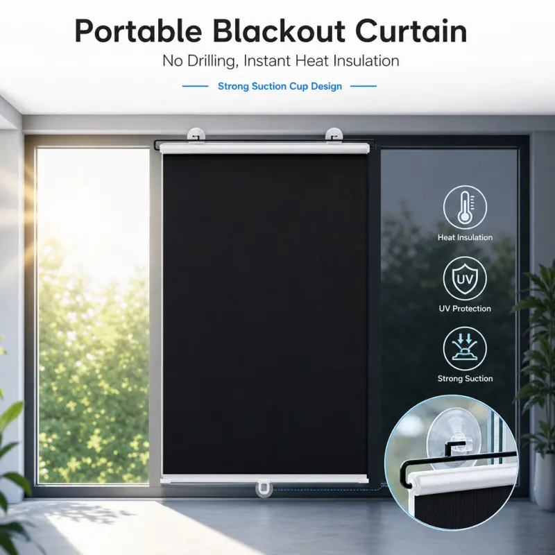 Portable blackout roller shade with suction cups. Portable car sunshade No drilling required, heat-insulating and UV-resistant. It ensures instant privacy, perfect for home windows, cars, apartments and travel. Car Sunshade Curtain
