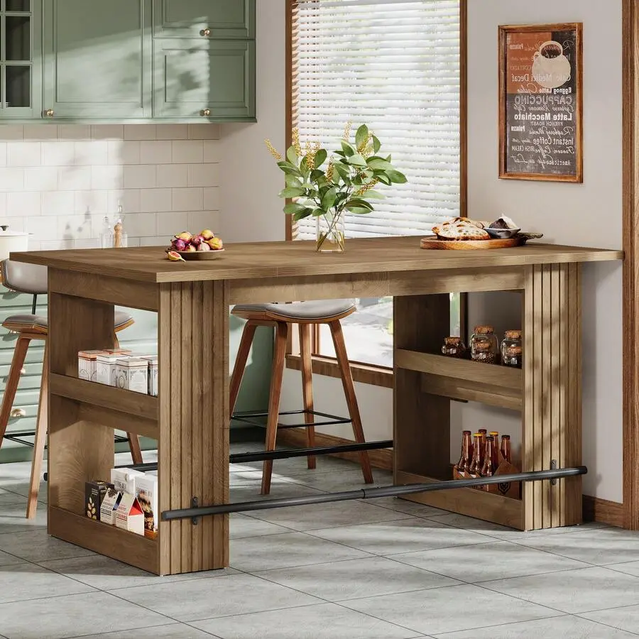 63-Inch Pre-Built MDF Wood Industrial Rectangular Bar Table - Rustic Brown Pre-Built Home Bar Furniture with Metal Legs, Storage Shelves, Footrest, Standing/Sit Use for Dining Room, Bistro