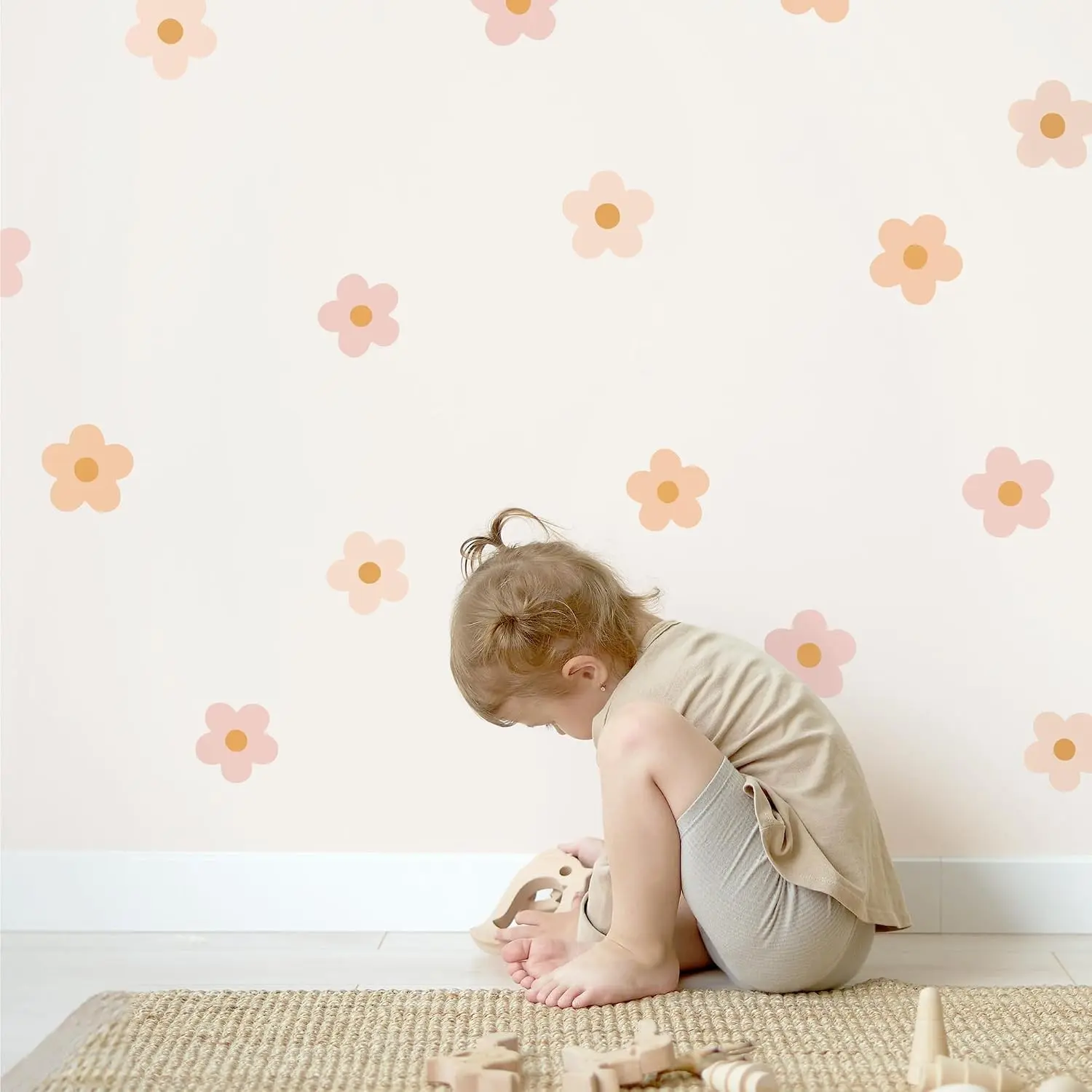 Daisy Blush Pink Boho Flowers Wall Decals - Easy-to-Apply Removable Peel-and-Stick Stickers for Toddlers Bedroom, Durable Vibrant Wall Decor(Gift)
