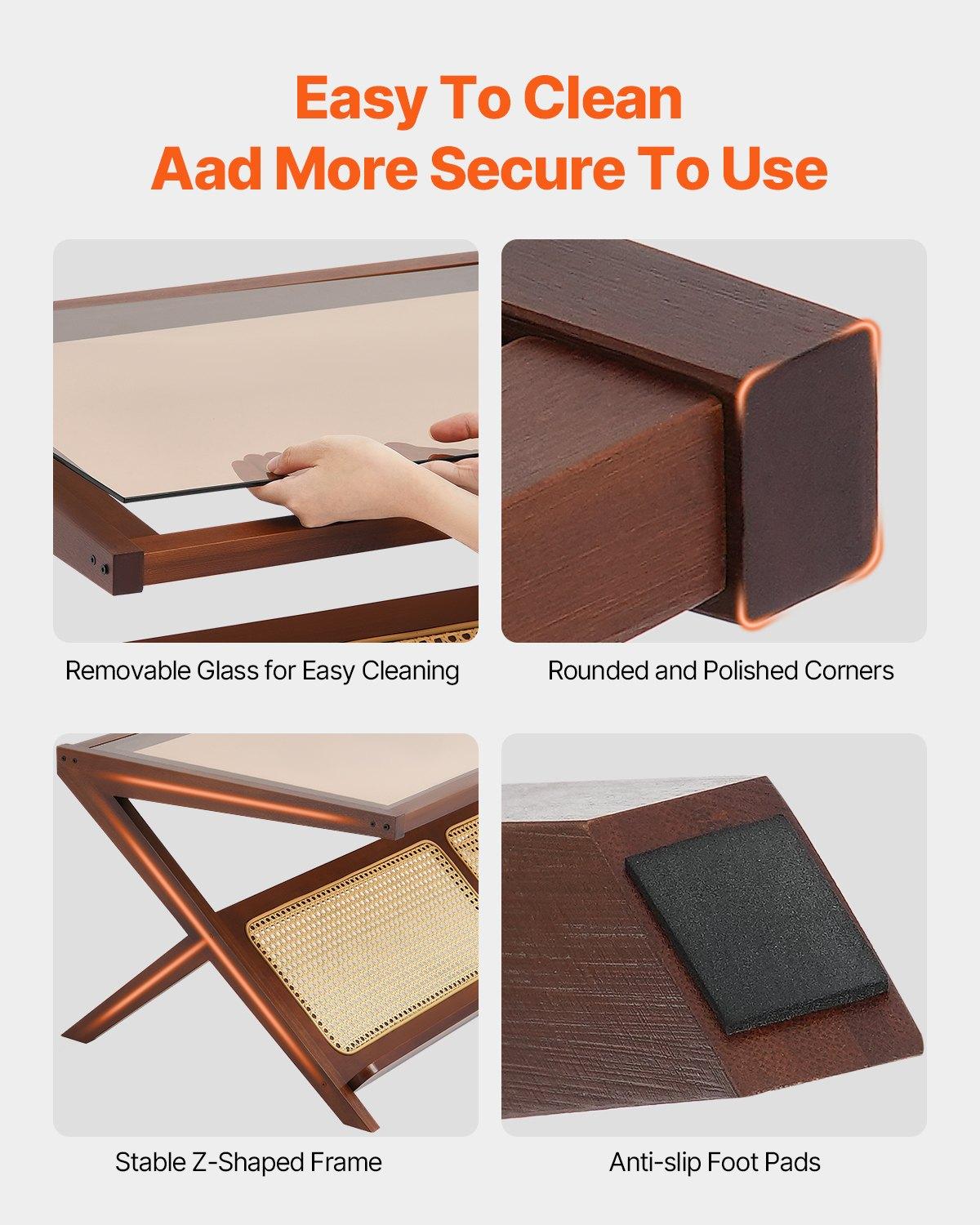 VEVOR Rattan Coffee Table, Z-Shaped Rattan Woven Bamboo Coffee Table with Tempered Glass Top, 47" Modern Boho Storage Coffee Table with Natural Bamboo Legs, for Living Room, Bedroom & Small Spaces